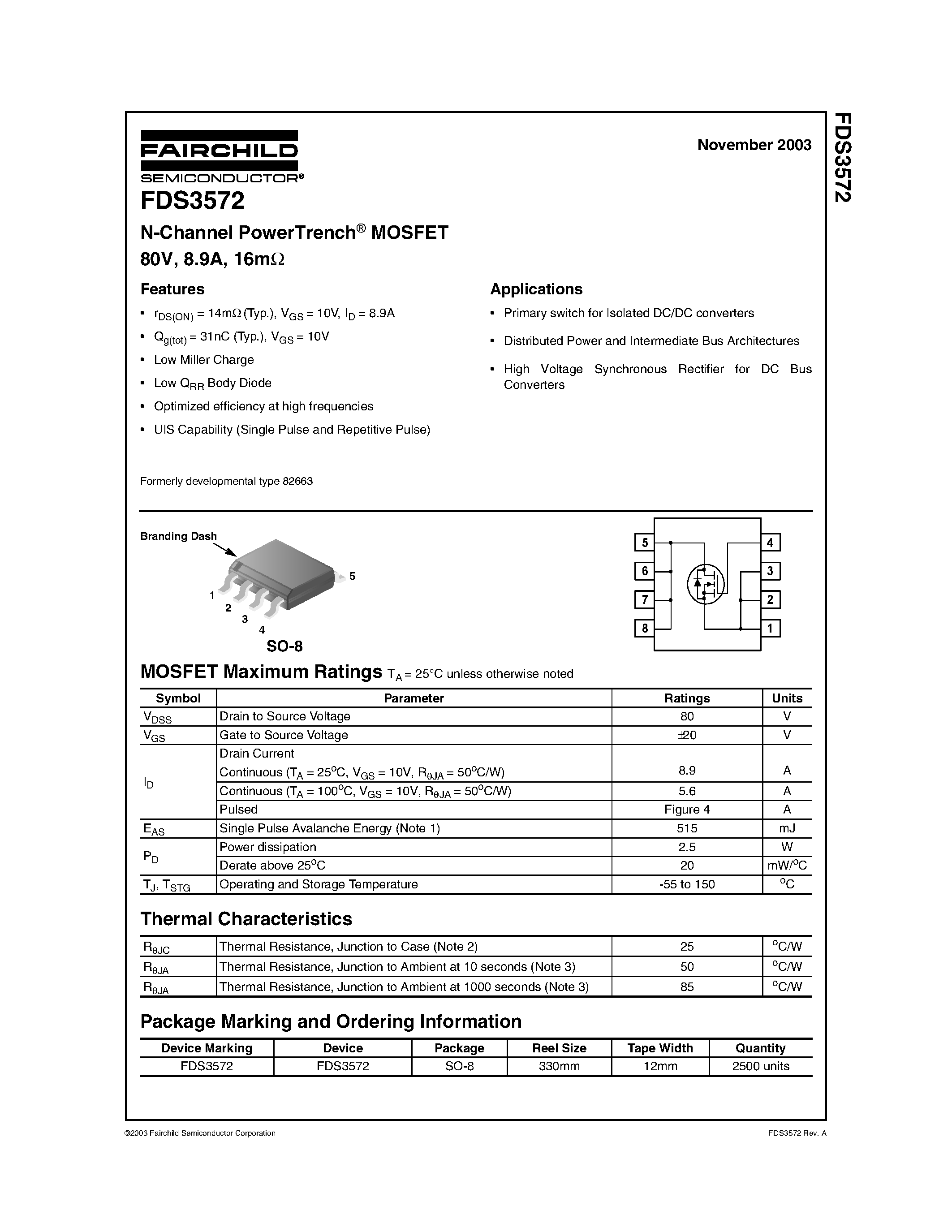 Datasheet FDS3572 - N-Channel PowerTrench MOSFET page 1