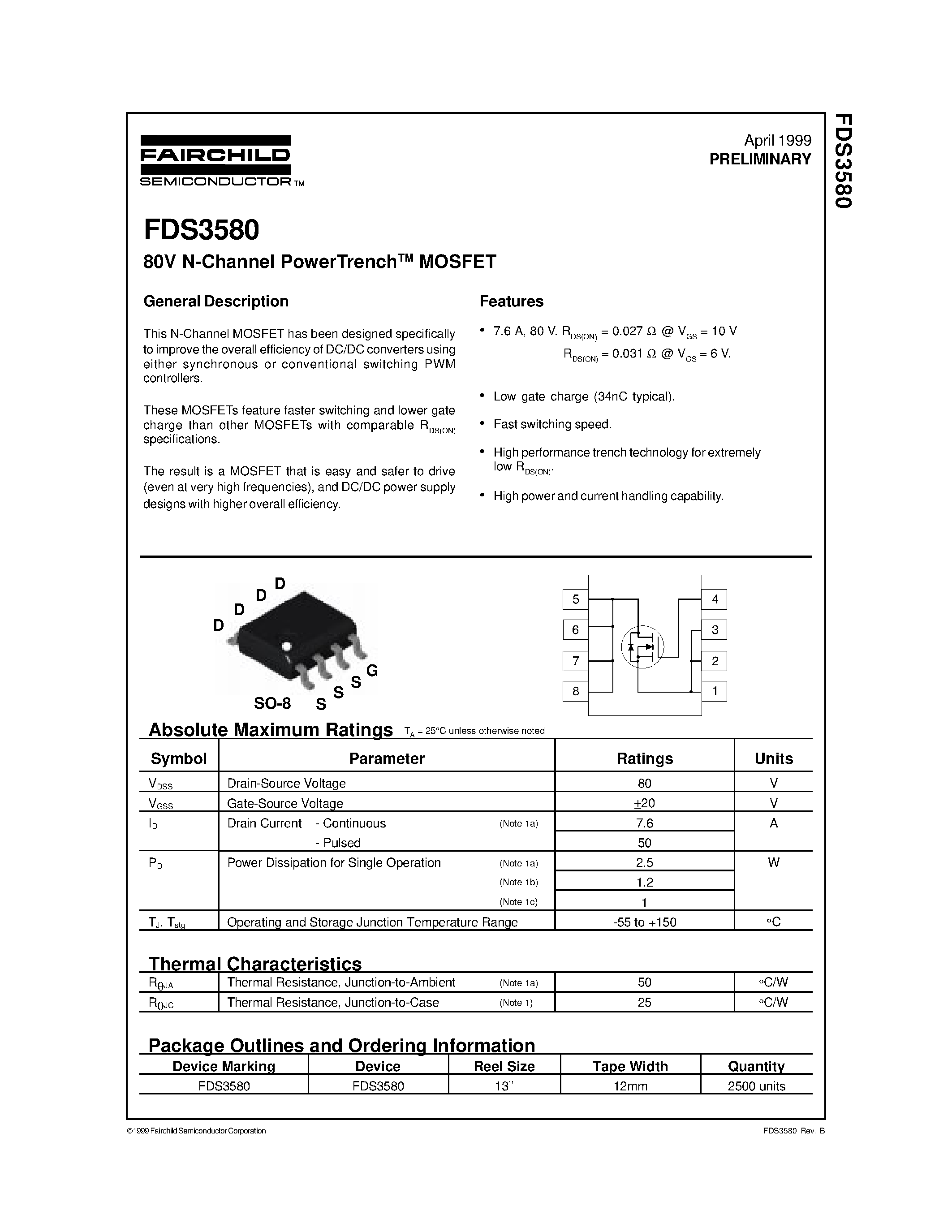 Datasheet FDS3580 - 80V N-Channel PowerTrenchTM MOSFET page 1