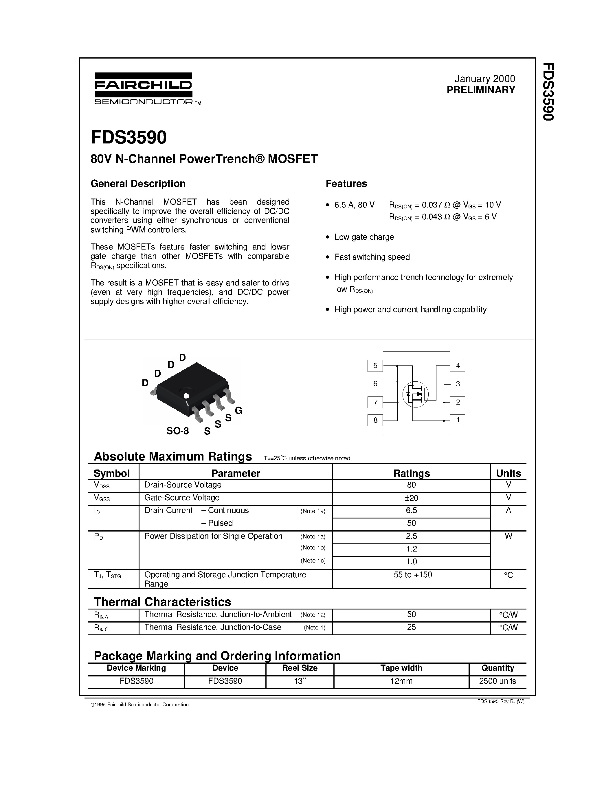 Datasheet FDS3590 - 80V N-Channel PowerTrench MOSFET page 1