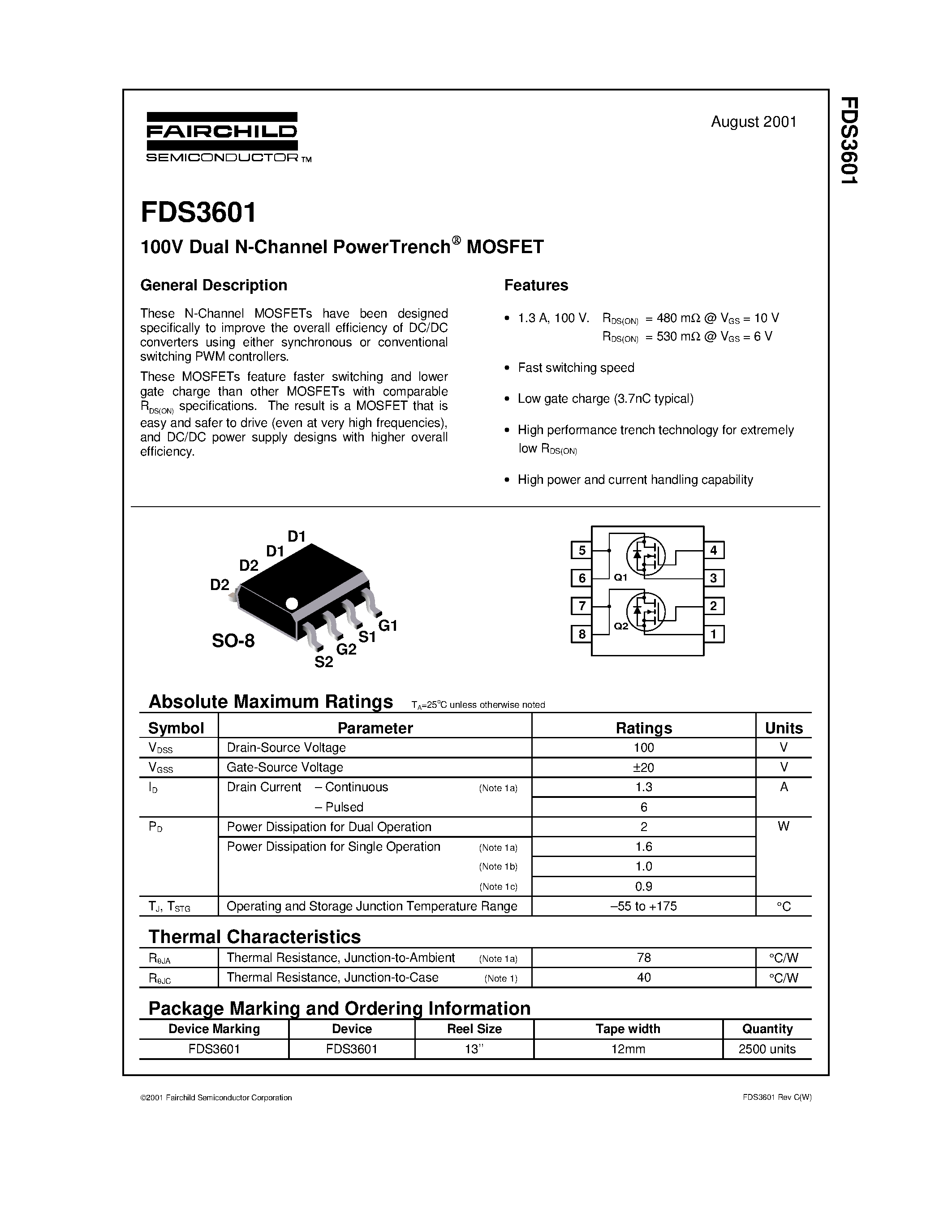 Datasheet FDS3601 - 100V Dual N-Channel PowerTrench MOSFET page 1