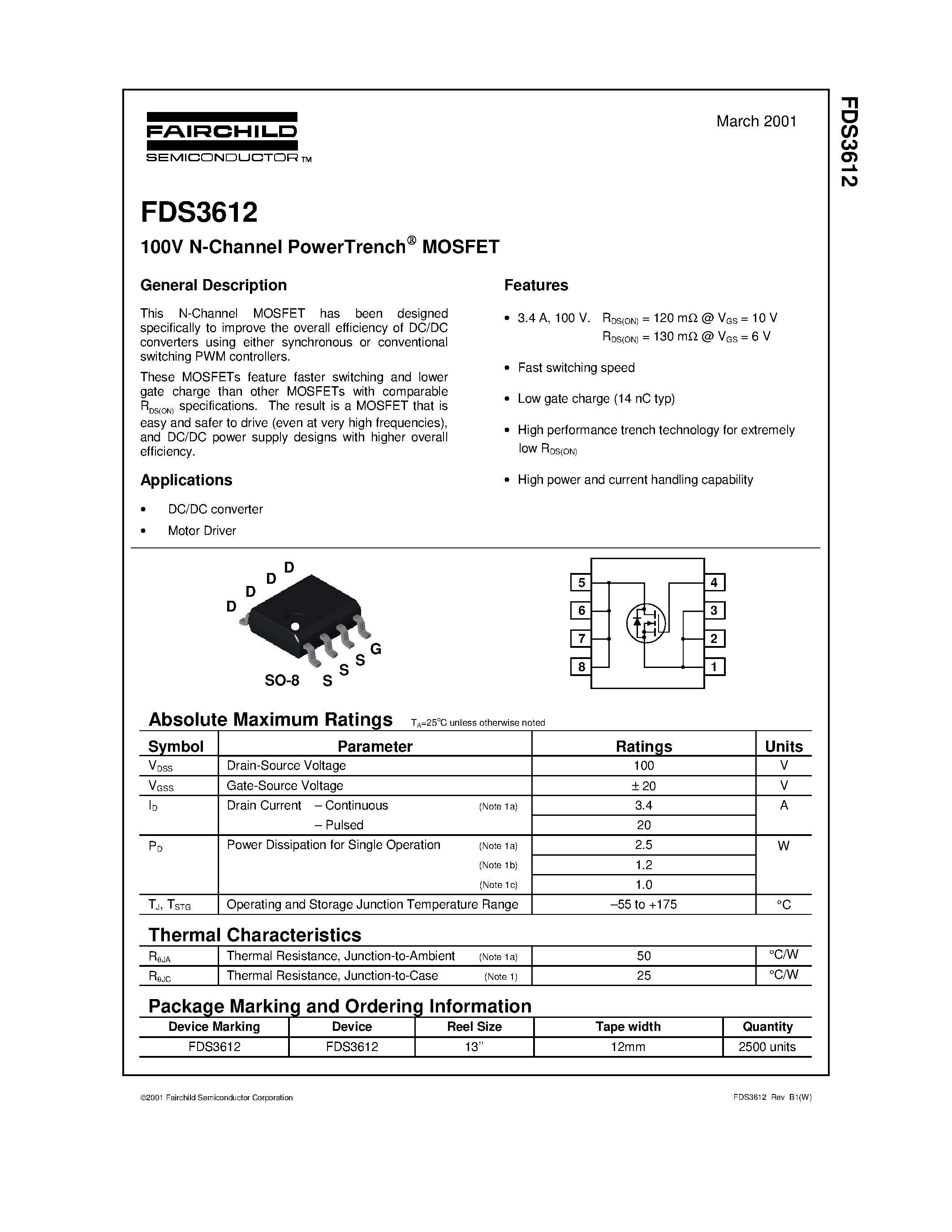 Datasheet FDS3612 - 100V N-Channel PowerTrench MOSFET page 1