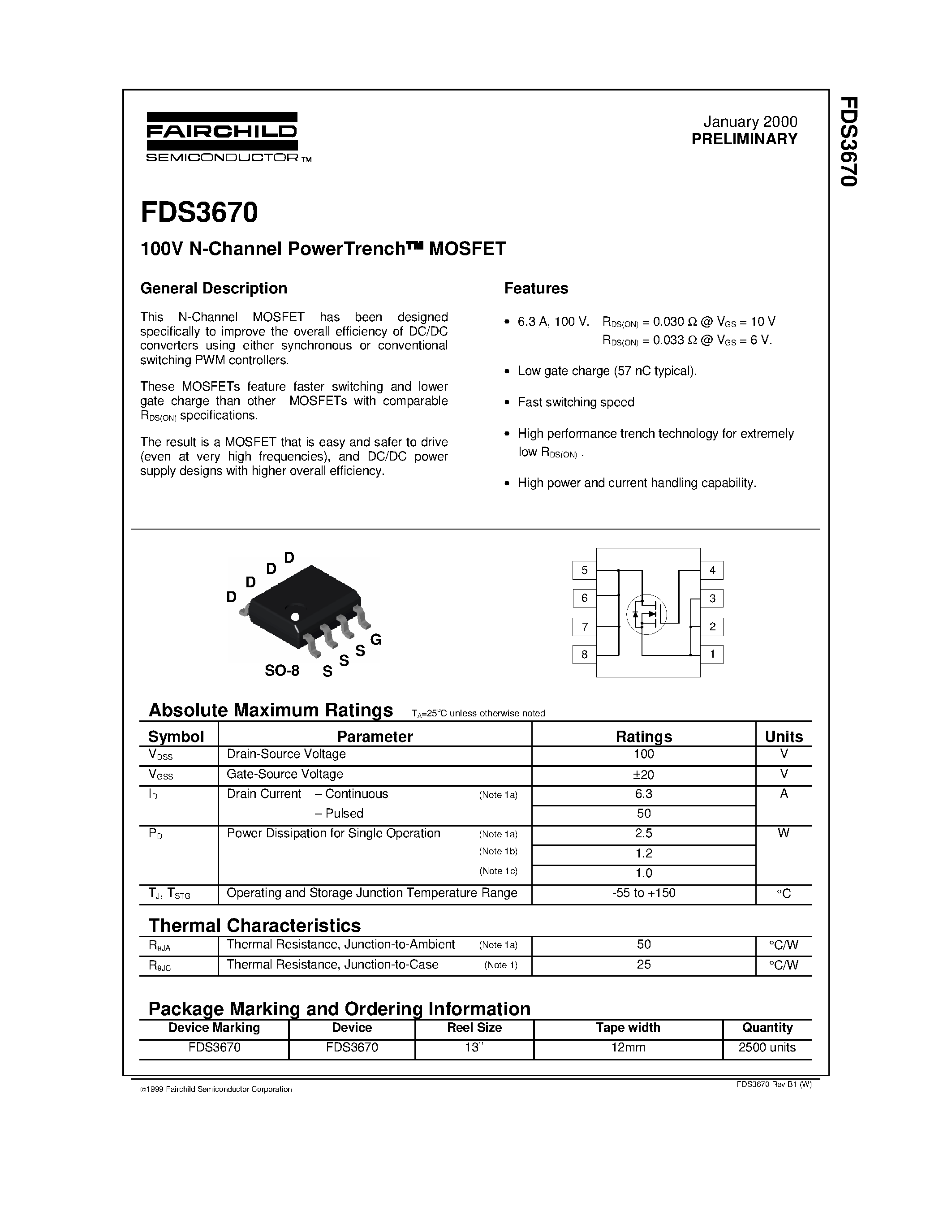 Datasheet FDS3670 - 100V N-Channel PowerTrench MOSFET page 1