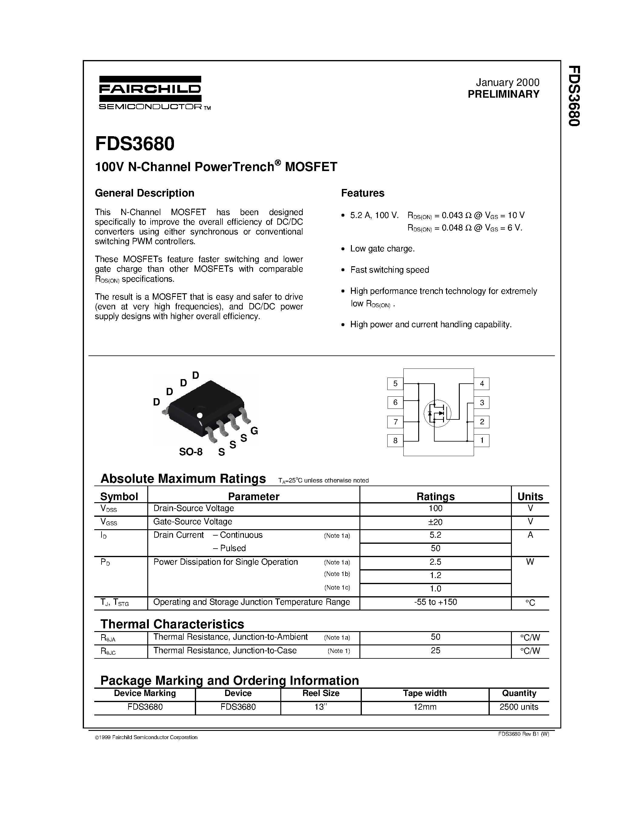 Datasheet FDS3680 - 100V N-Channel PowerTrench MOSFET page 1