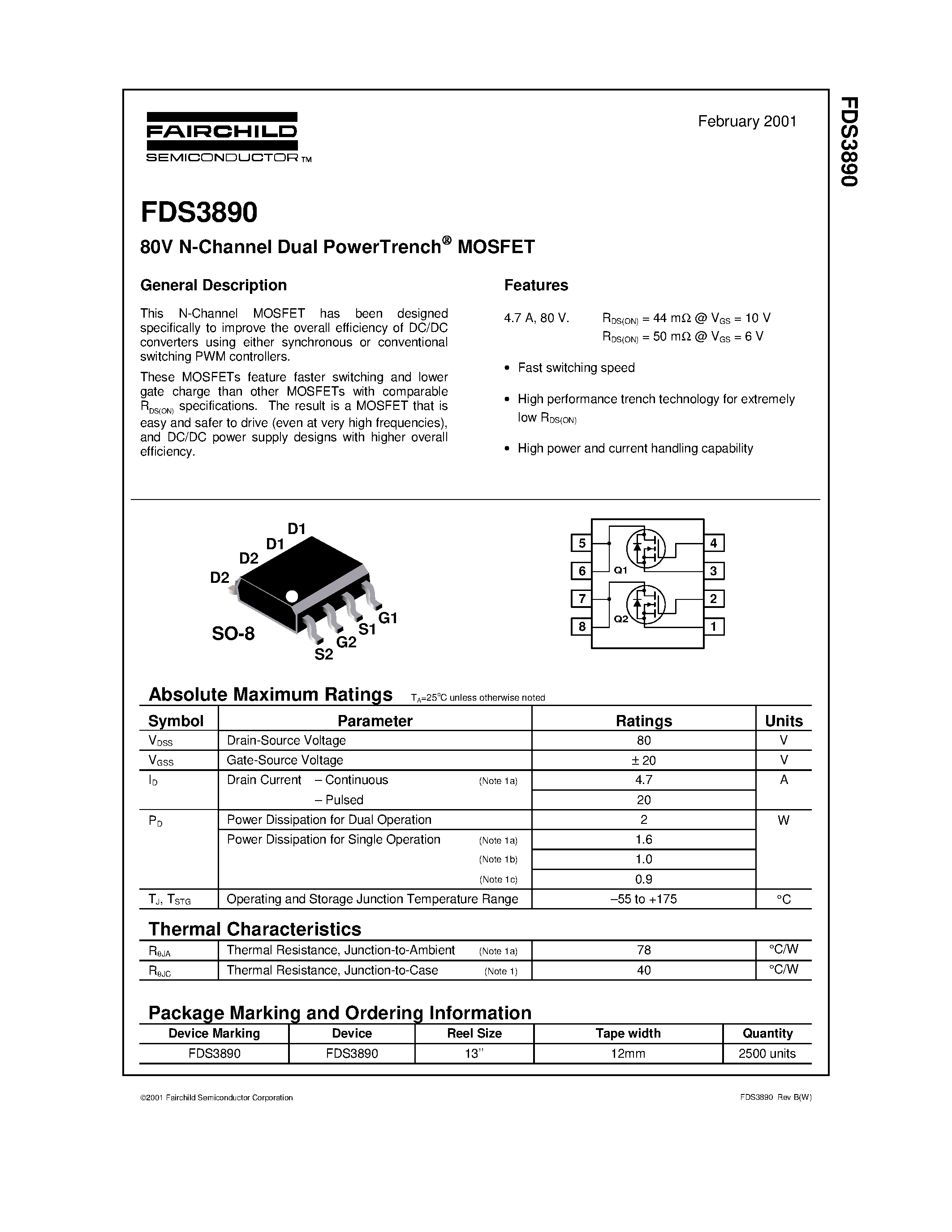 Datasheet FDS3890 - 80V N-Channel Dual PowerTrench MOSFET page 1