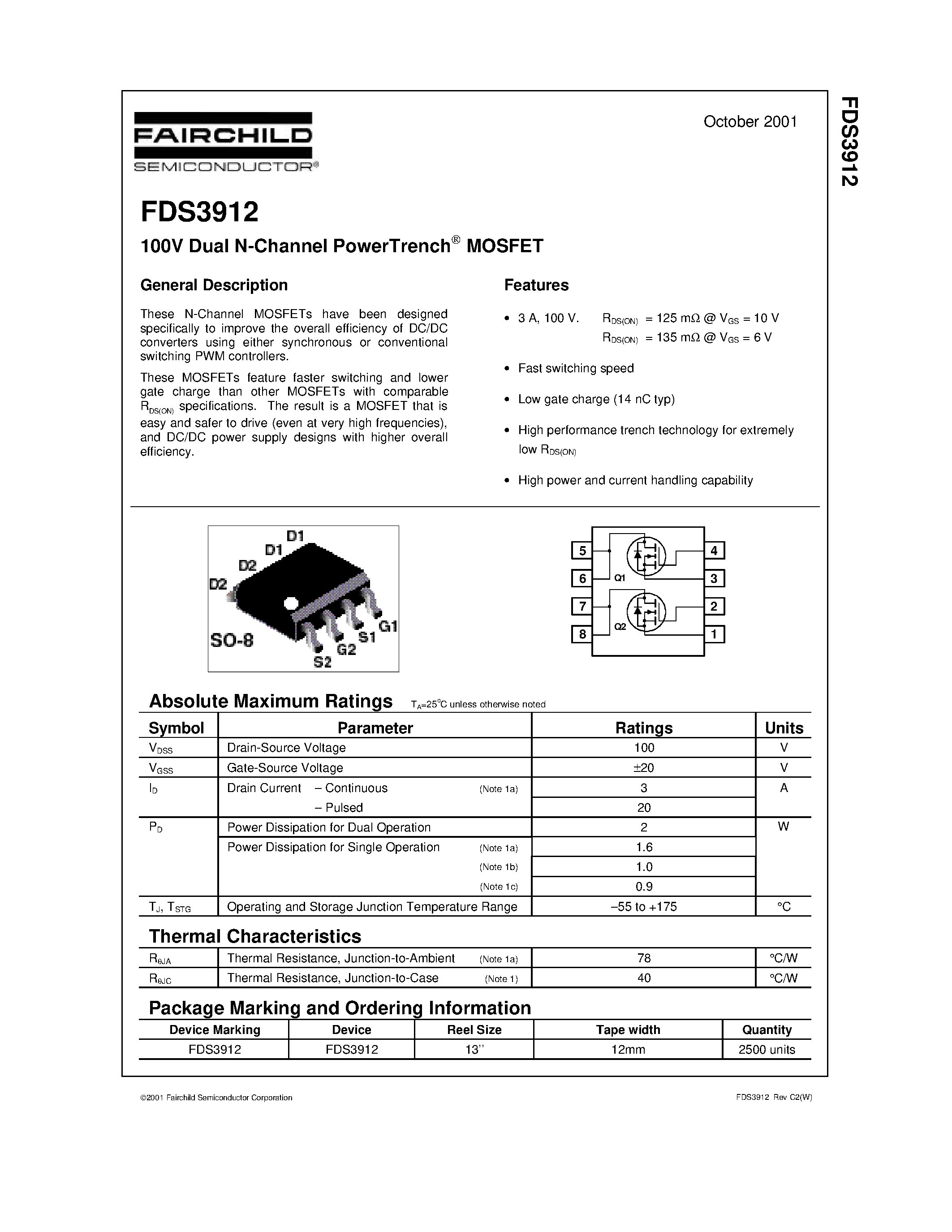 Datasheet FDS3912 - 100V Dual N-Channel PowerTrench MOSFET page 1