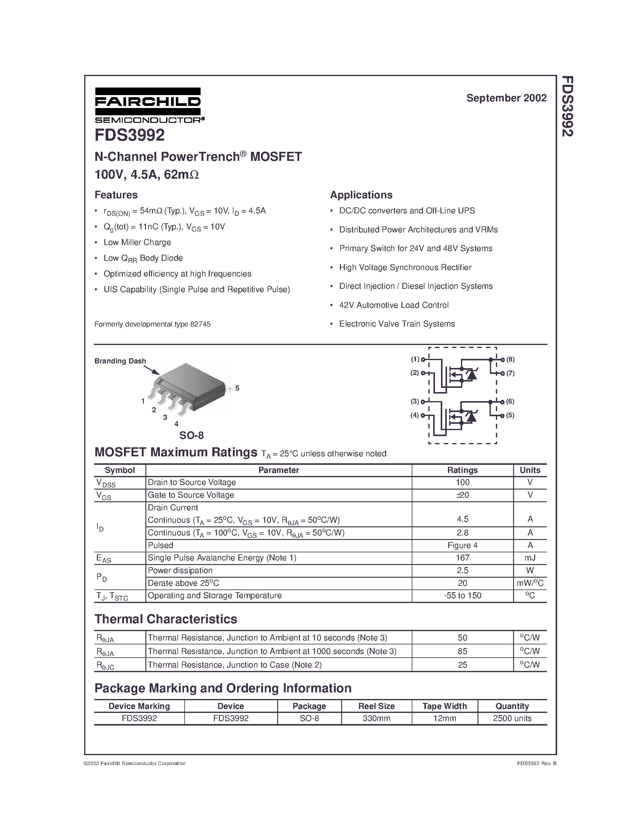 Datasheet FDS3992 - N-Channel PowerTrench MOSFET 100V/ 4.5A/ 62m page 1