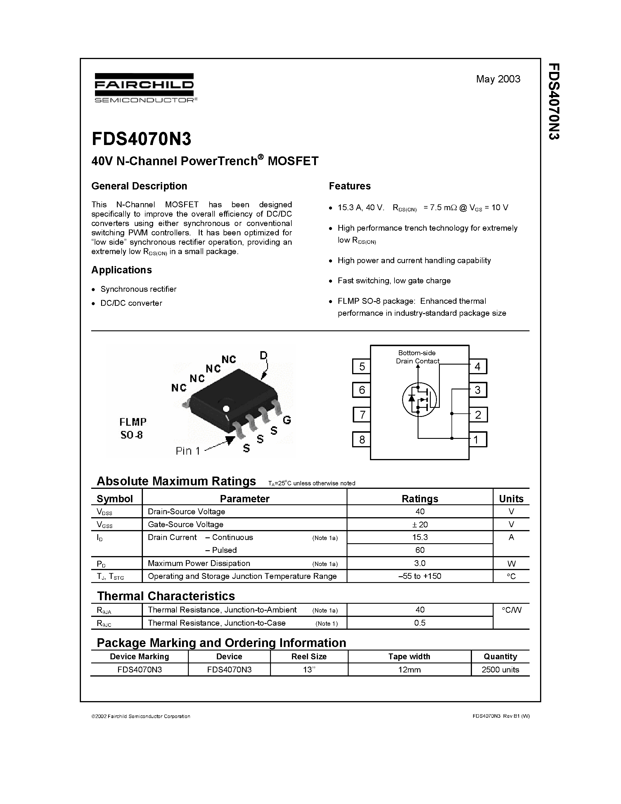 Datasheet FDS4070N3 - 40V N-Channel PowerTrench MOSFET page 1