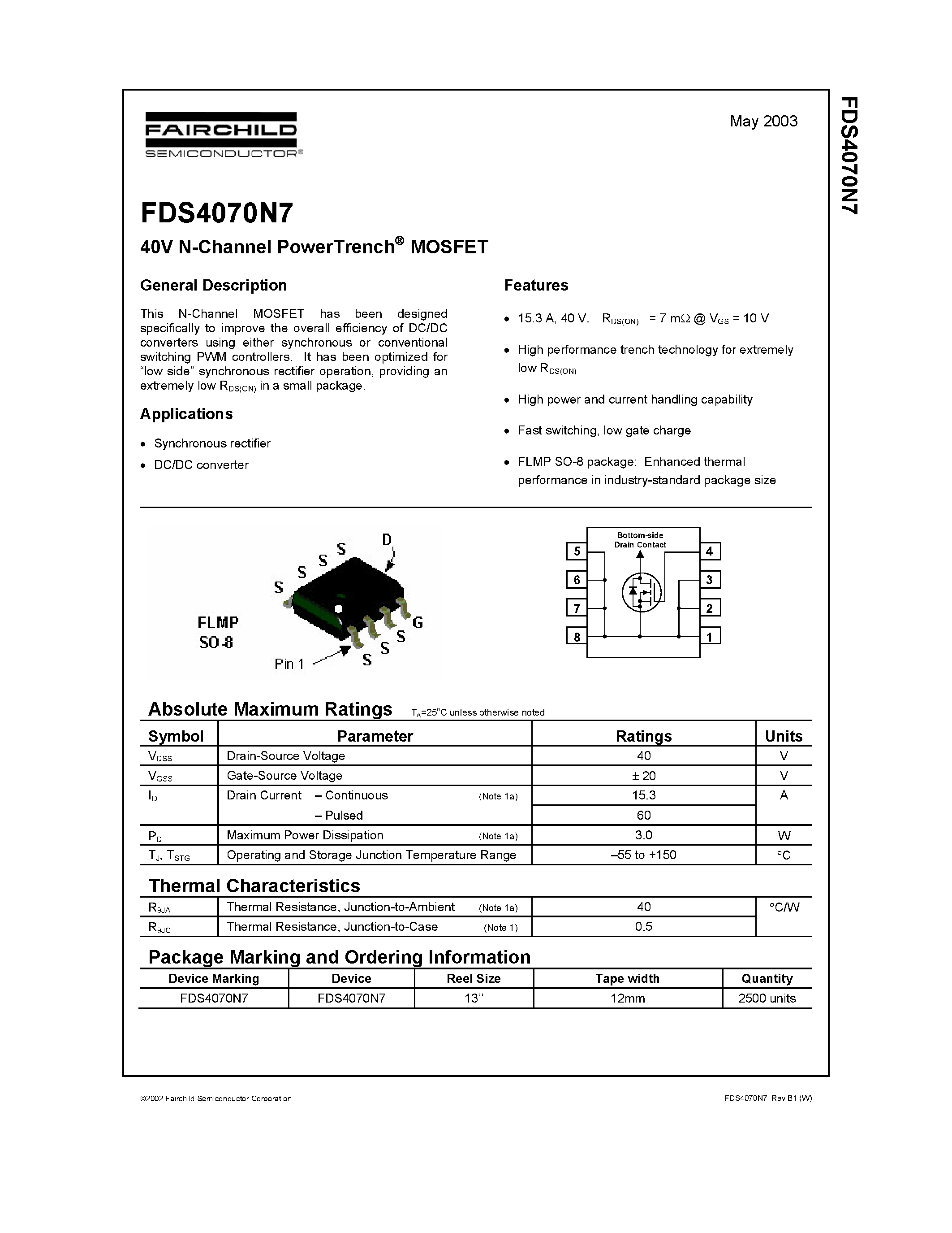 Datasheet FDS4070N7 - 40V N-Channel PowerTrench MOSFET page 1