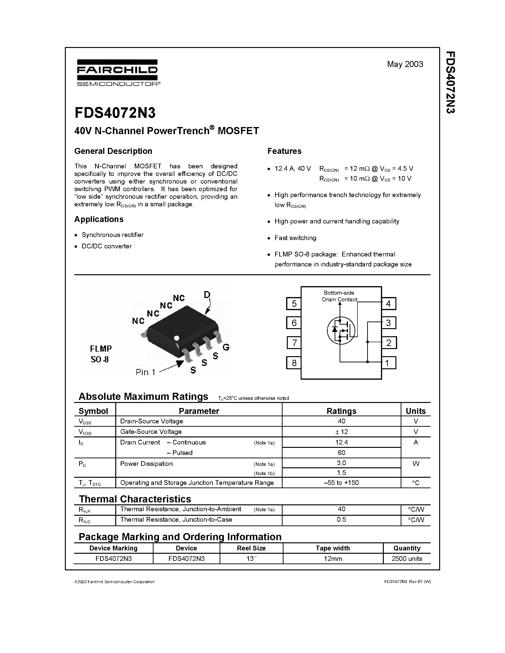 Datasheet FDS4072N3 - 40V N-Channel PowerTrench MOSFET page 1