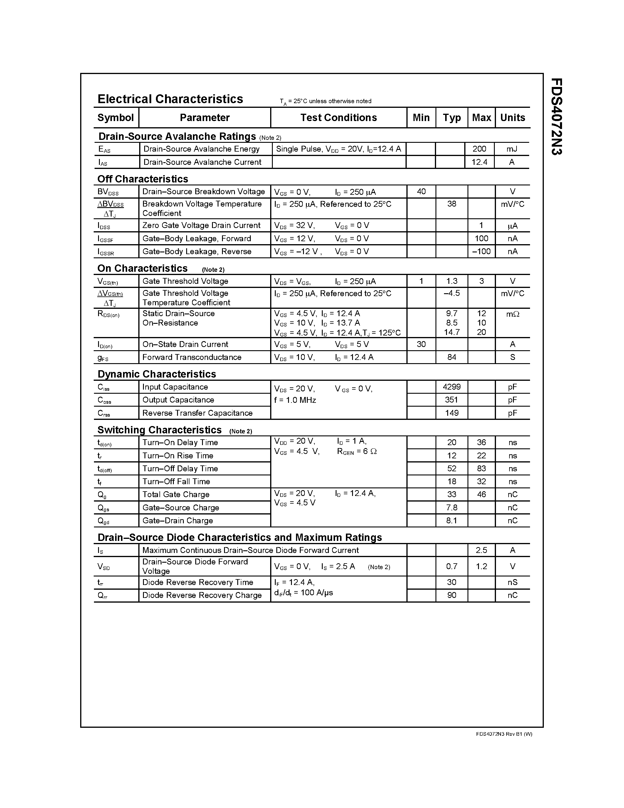 Datasheet FDS4072N3 - 40V N-Channel PowerTrench MOSFET page 2