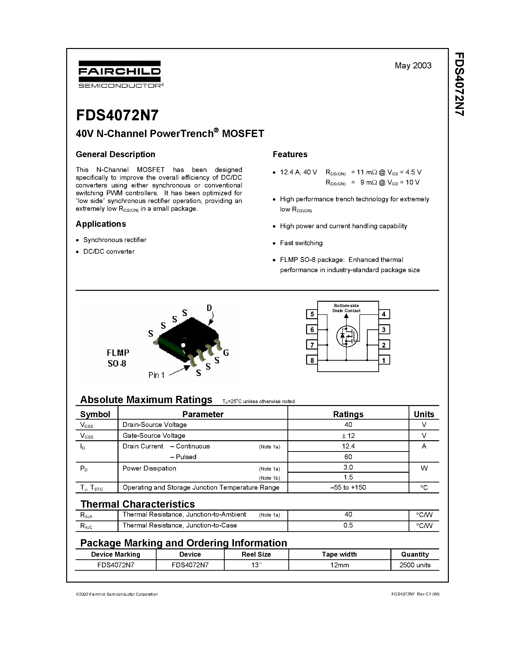 Datasheet FDS4072N7 - 40V N-Channel PowerTrench MOSFET page 1