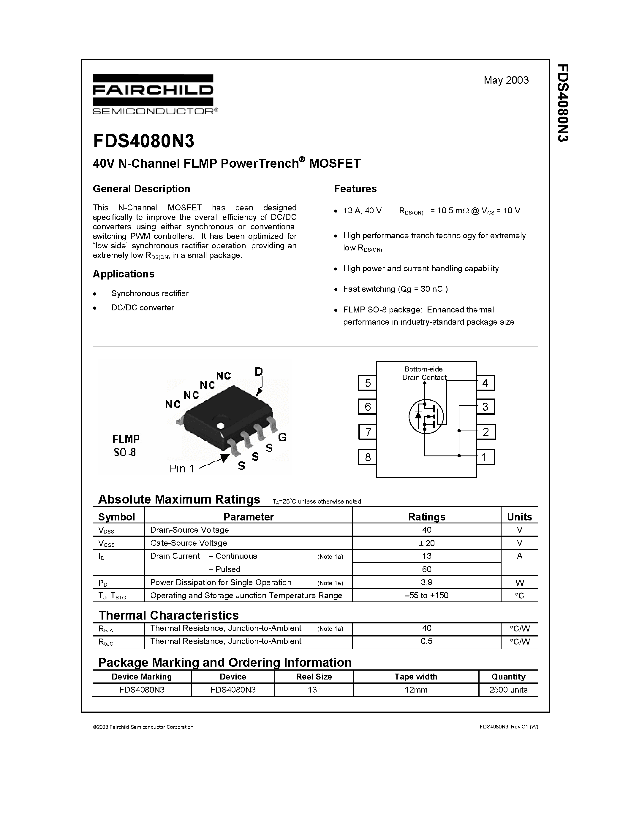 Datasheet FDS4080N3 - 40V N-Channel FLMP PowerTrench MOSFET page 1