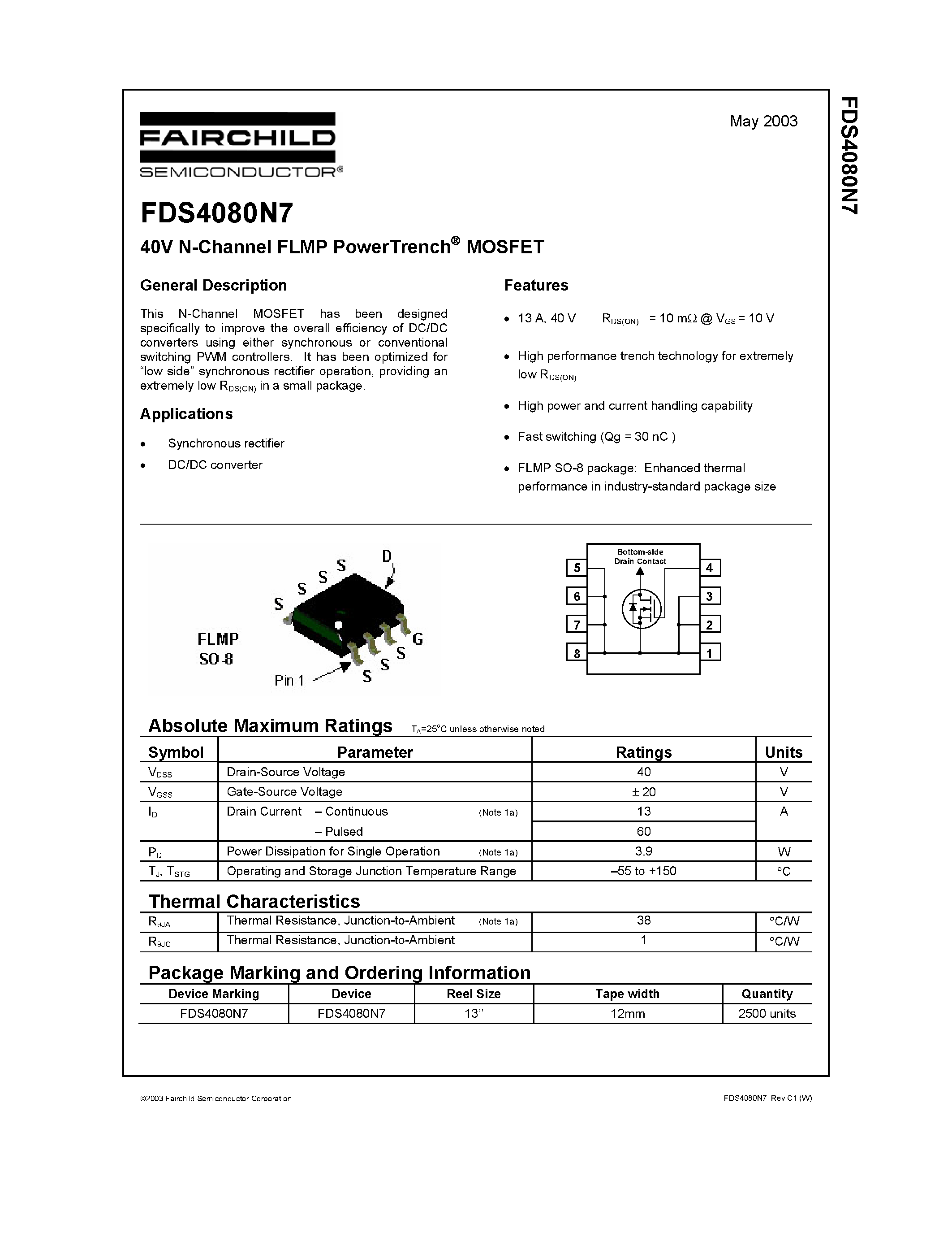 Datasheet FDS4080N7 - 40V N-Channel FLMP PowerTrench MOSFET page 1