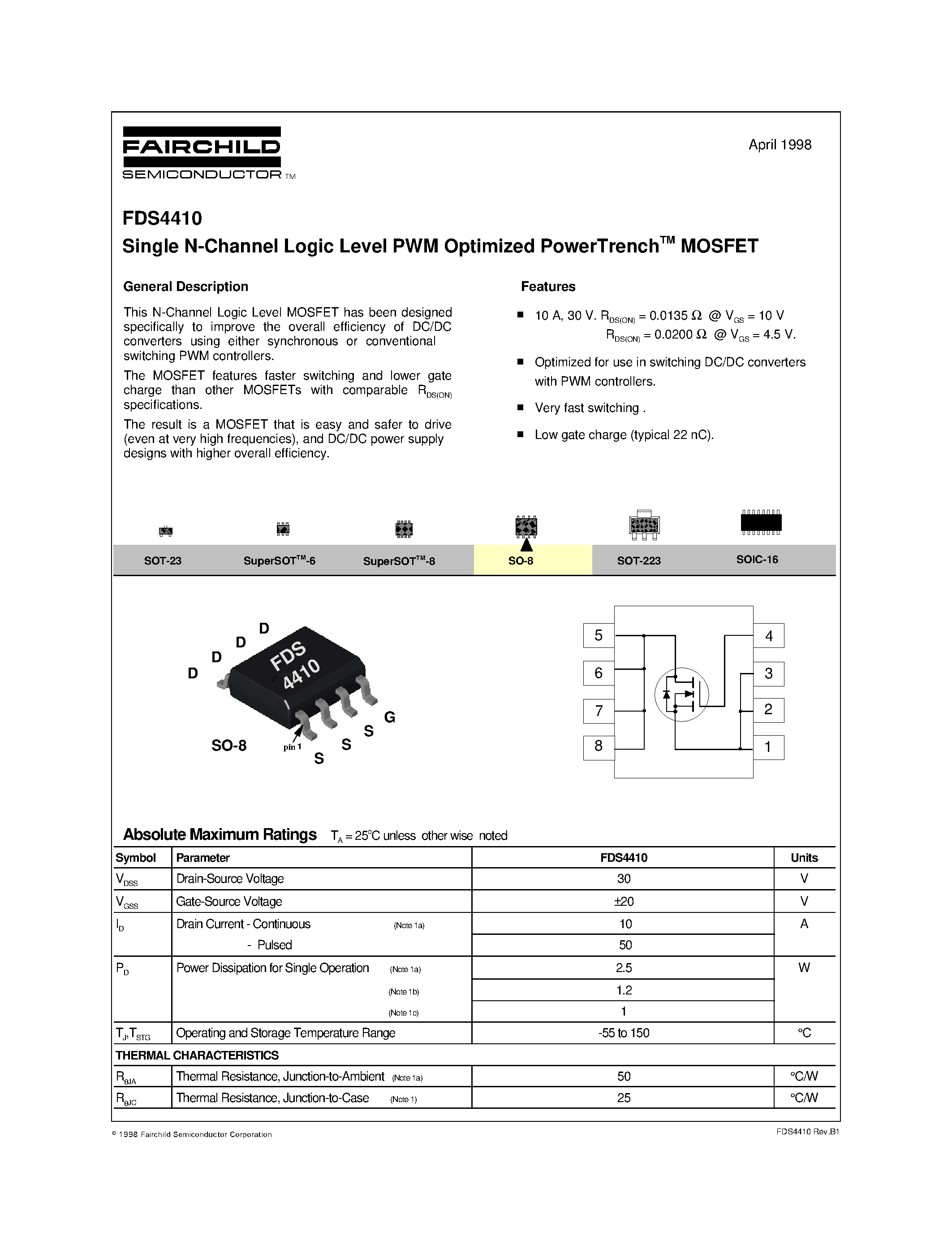 Datasheet FDS4410 - Single N-Channel Logic Level PWM Optimized PowerTrenchTM MOSFET page 1