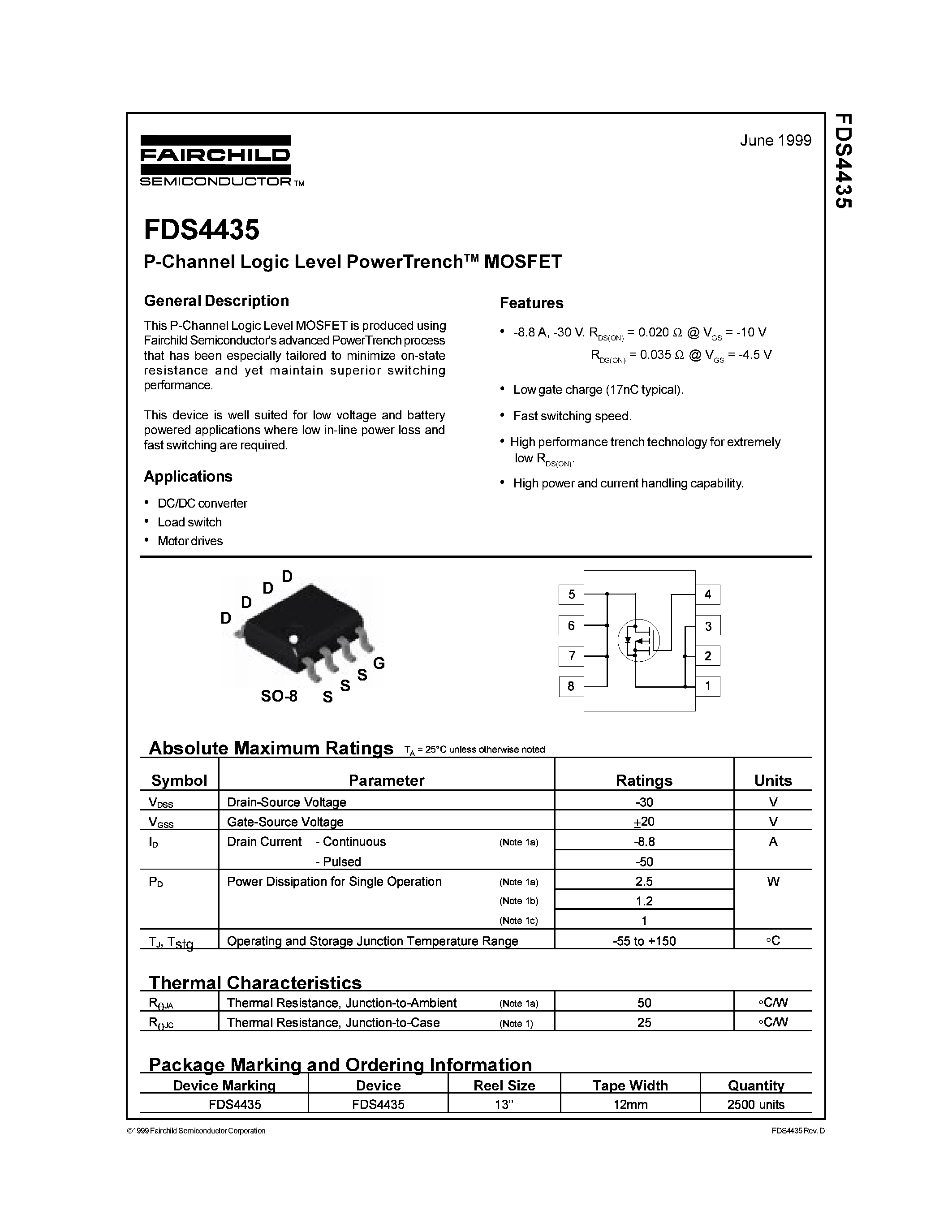 Datasheet FDS4435 - P-Channel Logic Level PowerTrenchMOSFET page 1