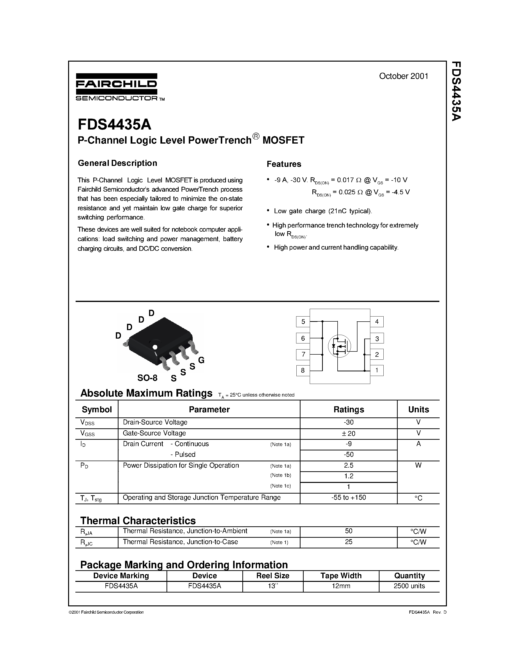 Datasheet FDS4435A - P-Channel Logic Level PowerTrenchMOSFET page 1