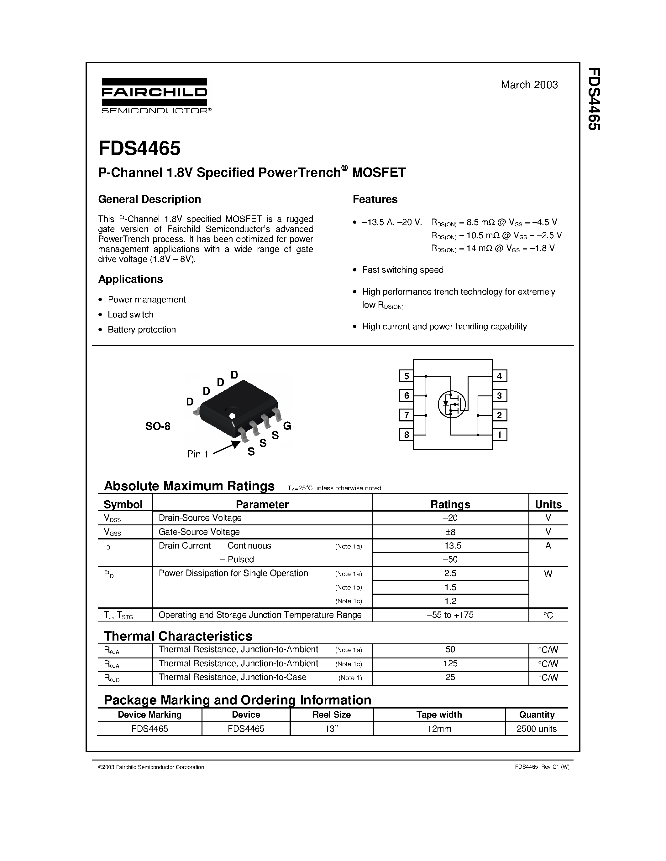 Datasheet FDS4465 - P-Channel 1.8V Specified PowerTrench MOSFET page 1