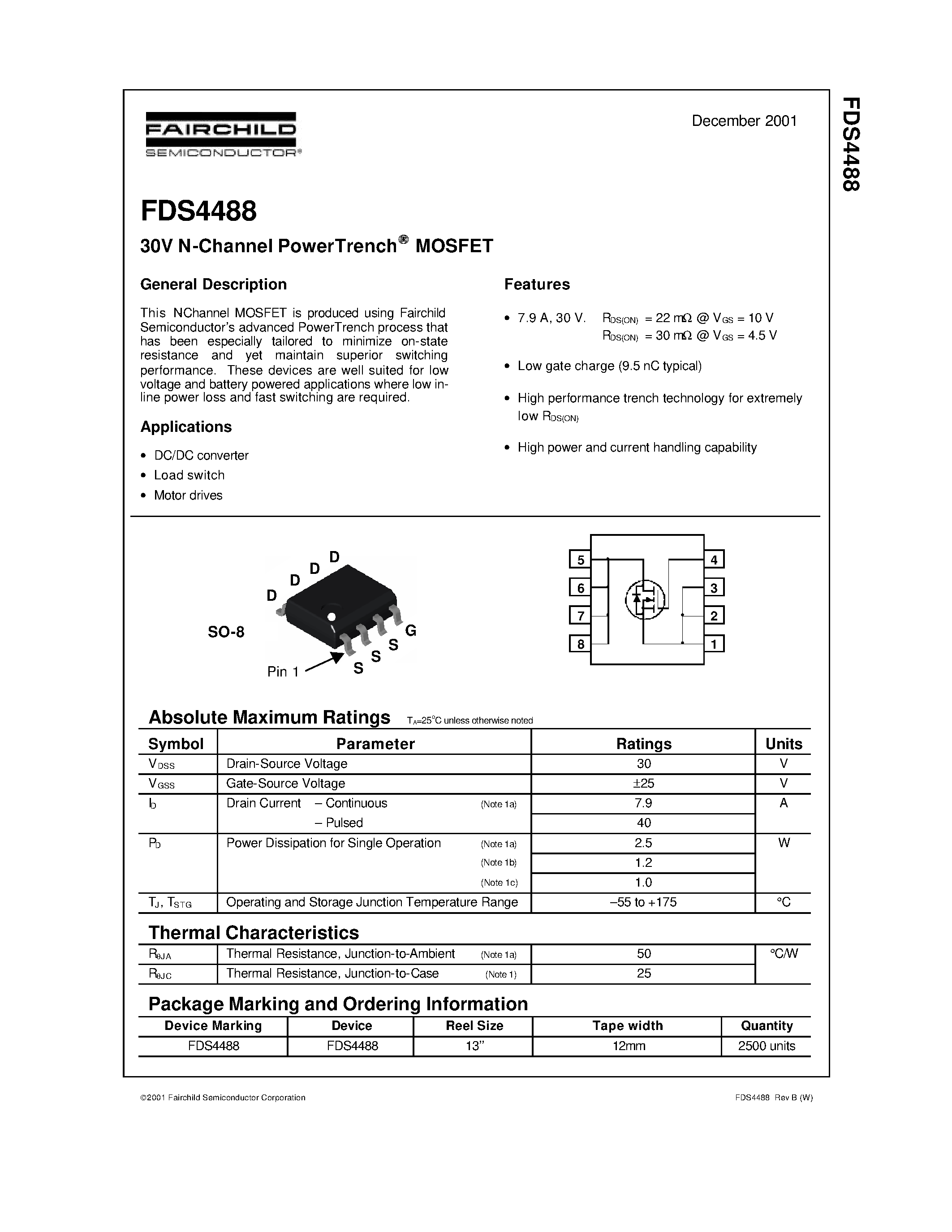 Даташит FDS4488 - 30V N-Channel PowerTrench MOSFET страница 1