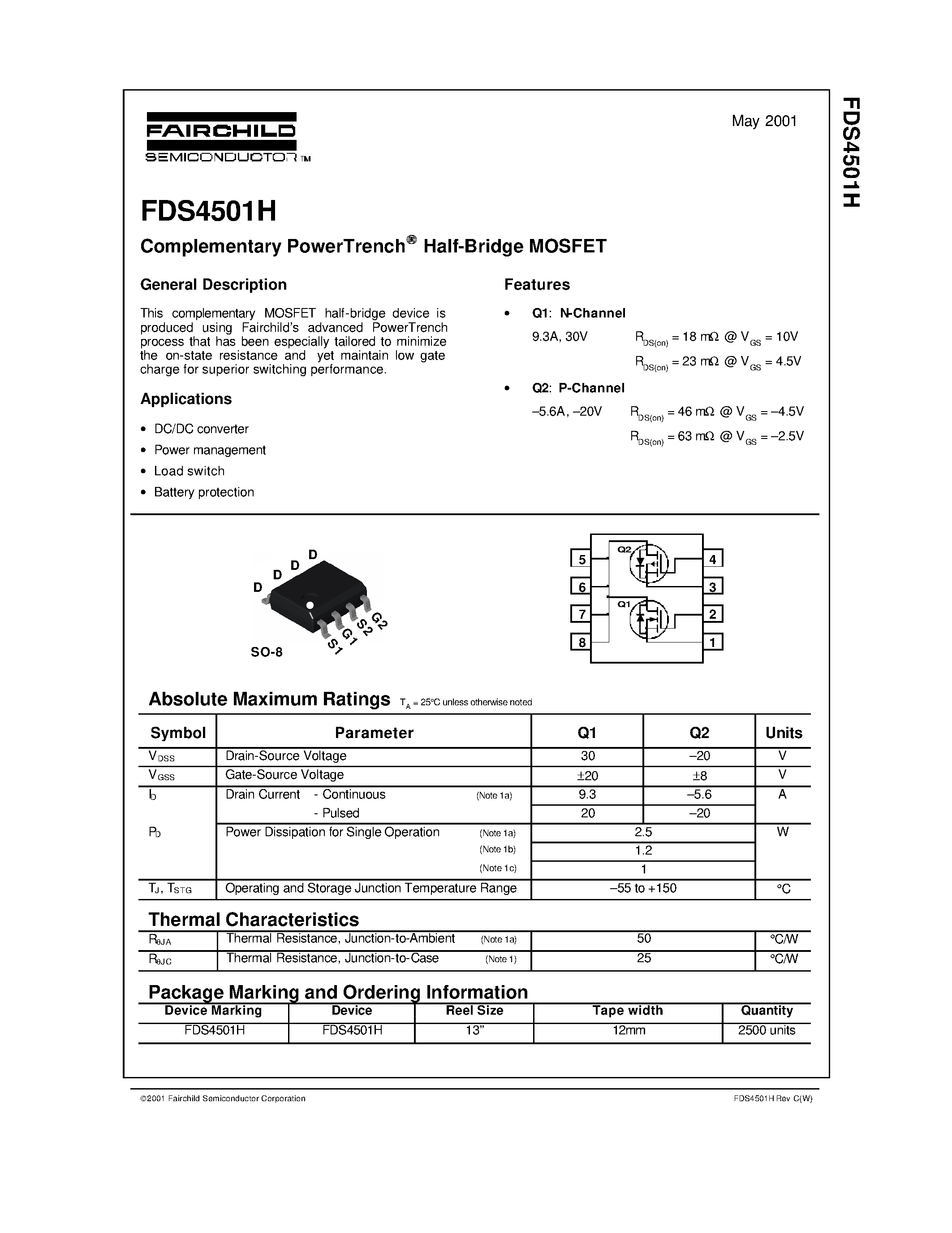 Datasheet FDS4501H - Complementary PowerTrench Half-Bridge MOSFET page 1