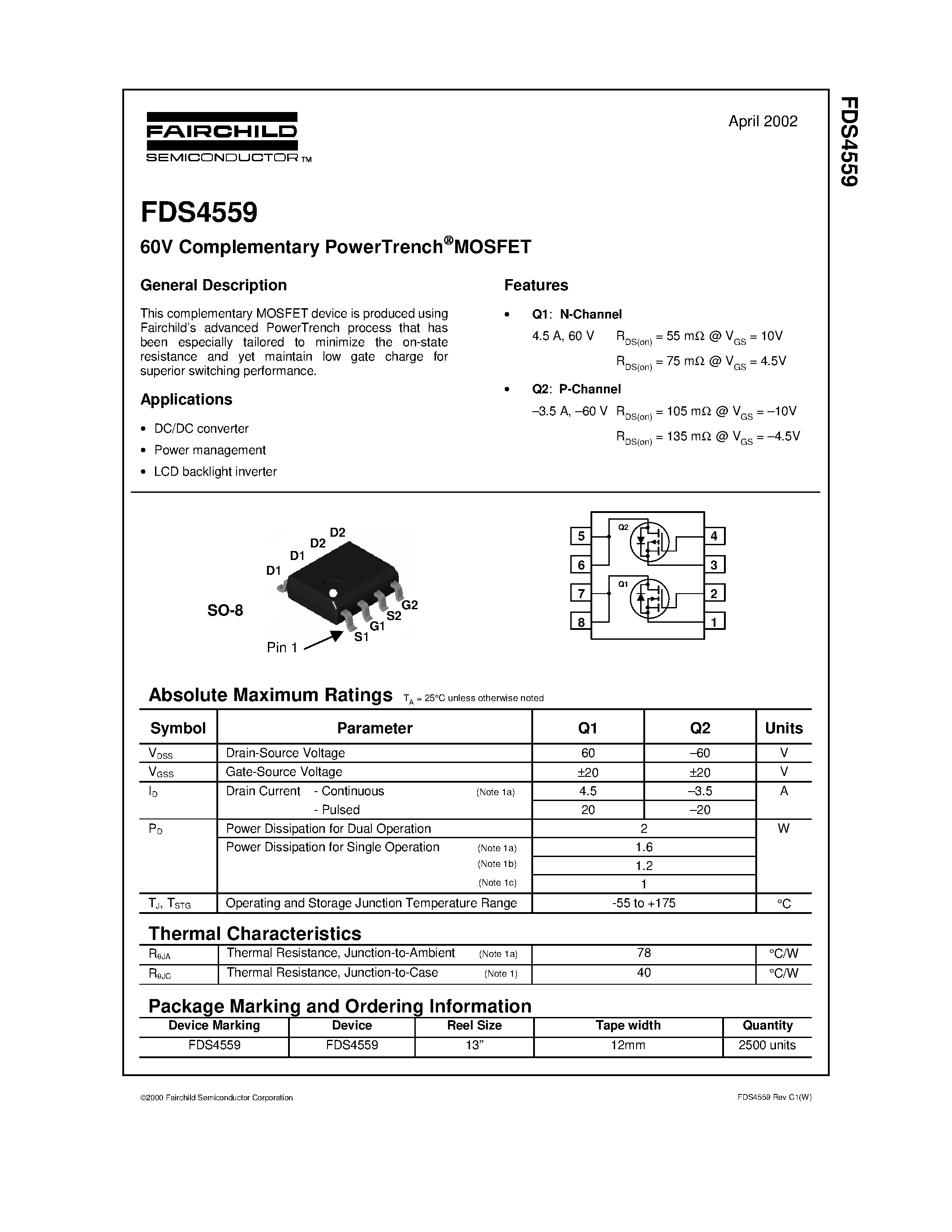 Datasheet FDS4559 - 60V Complementary PowerTrench MOSFET page 1