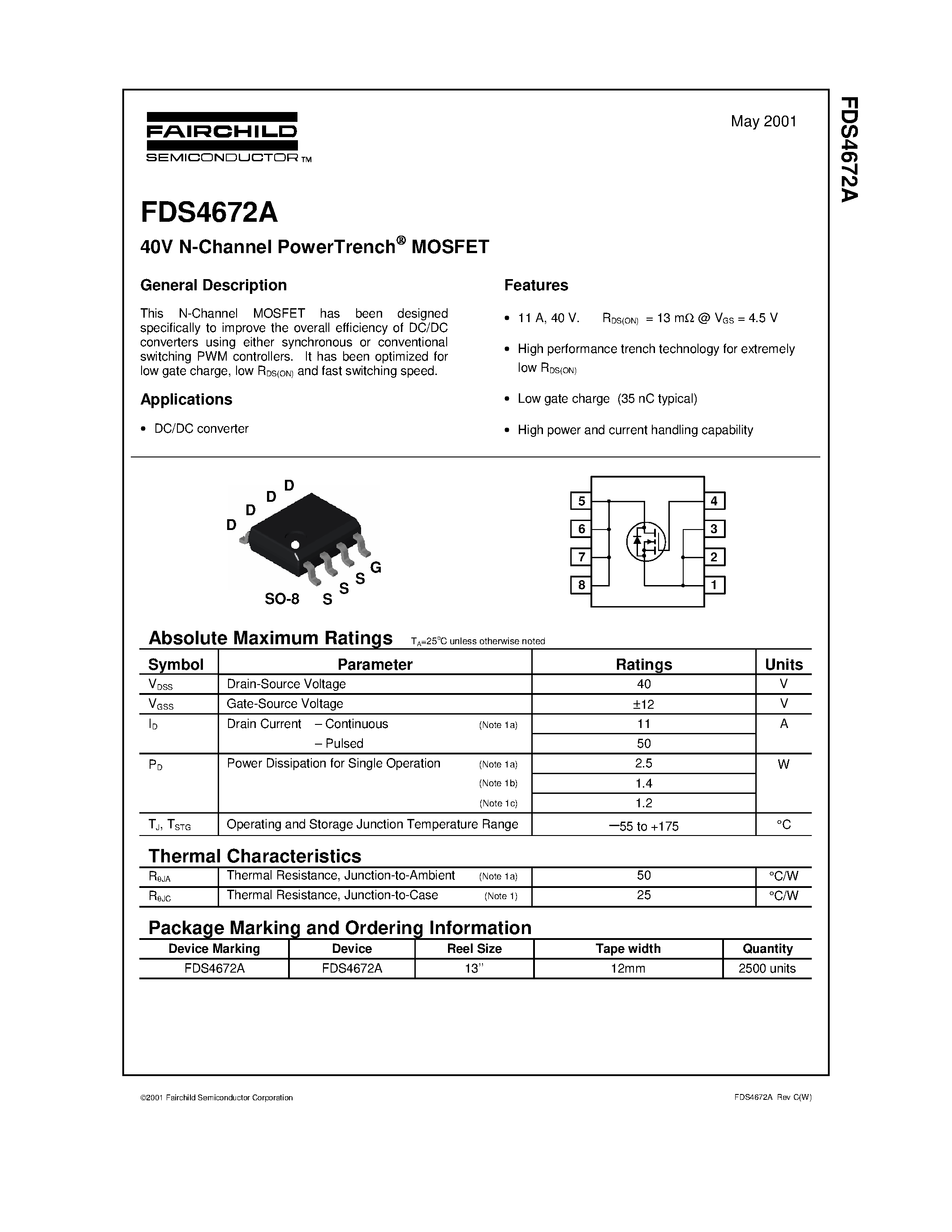 Datasheet FDS4672A - 40V N-Channel PowerTrench MOSFET page 1