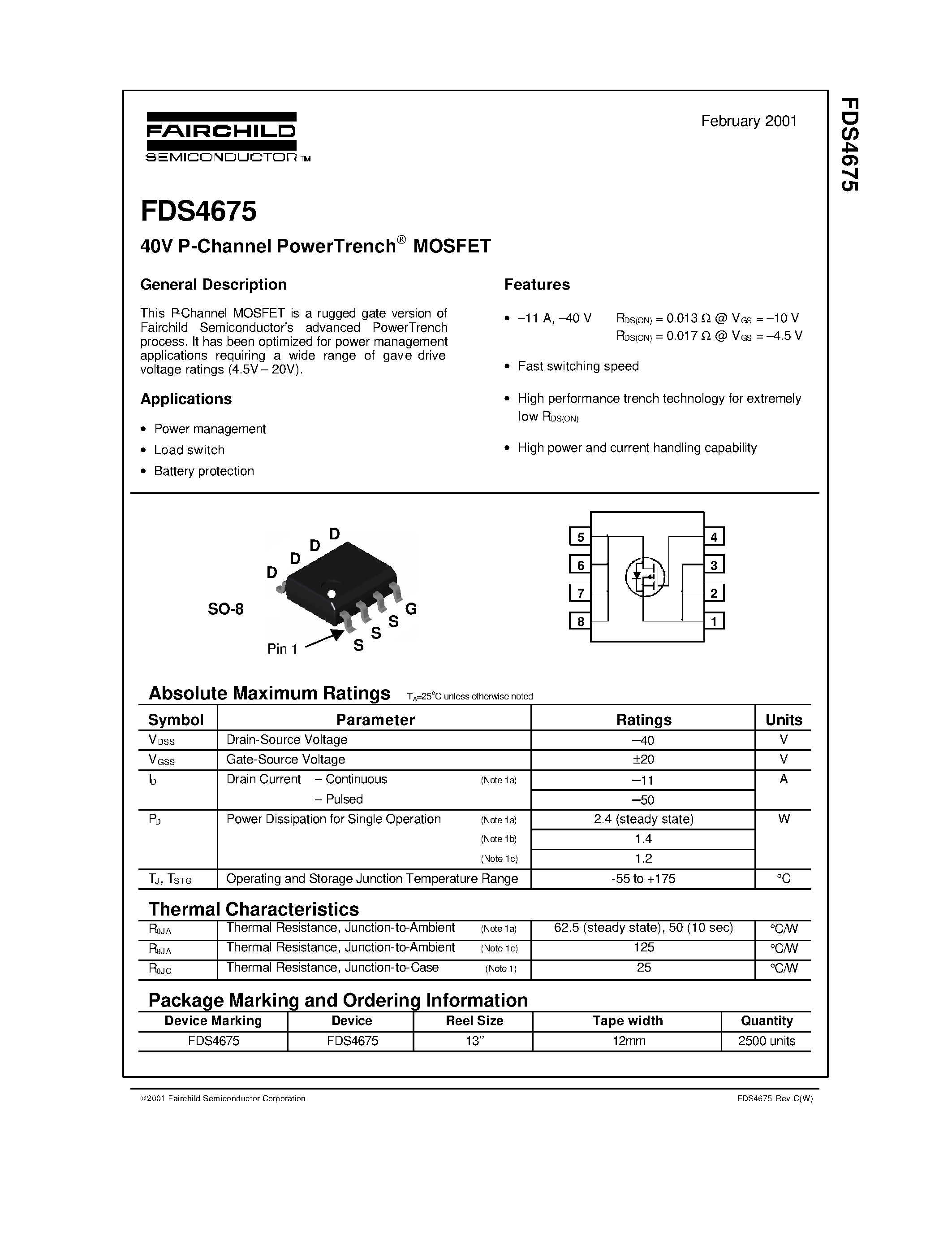 Datasheet FDS4675 - 40V P-Channel PowerTrench MOSFET page 1