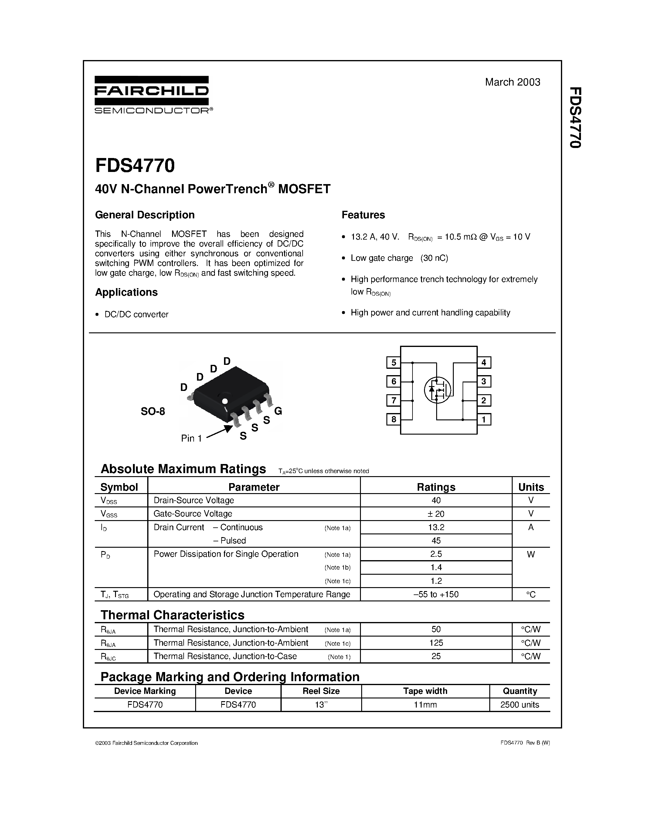 Datasheet FDS4770 - 40V N-Channel PowerTrench MOSFET page 1