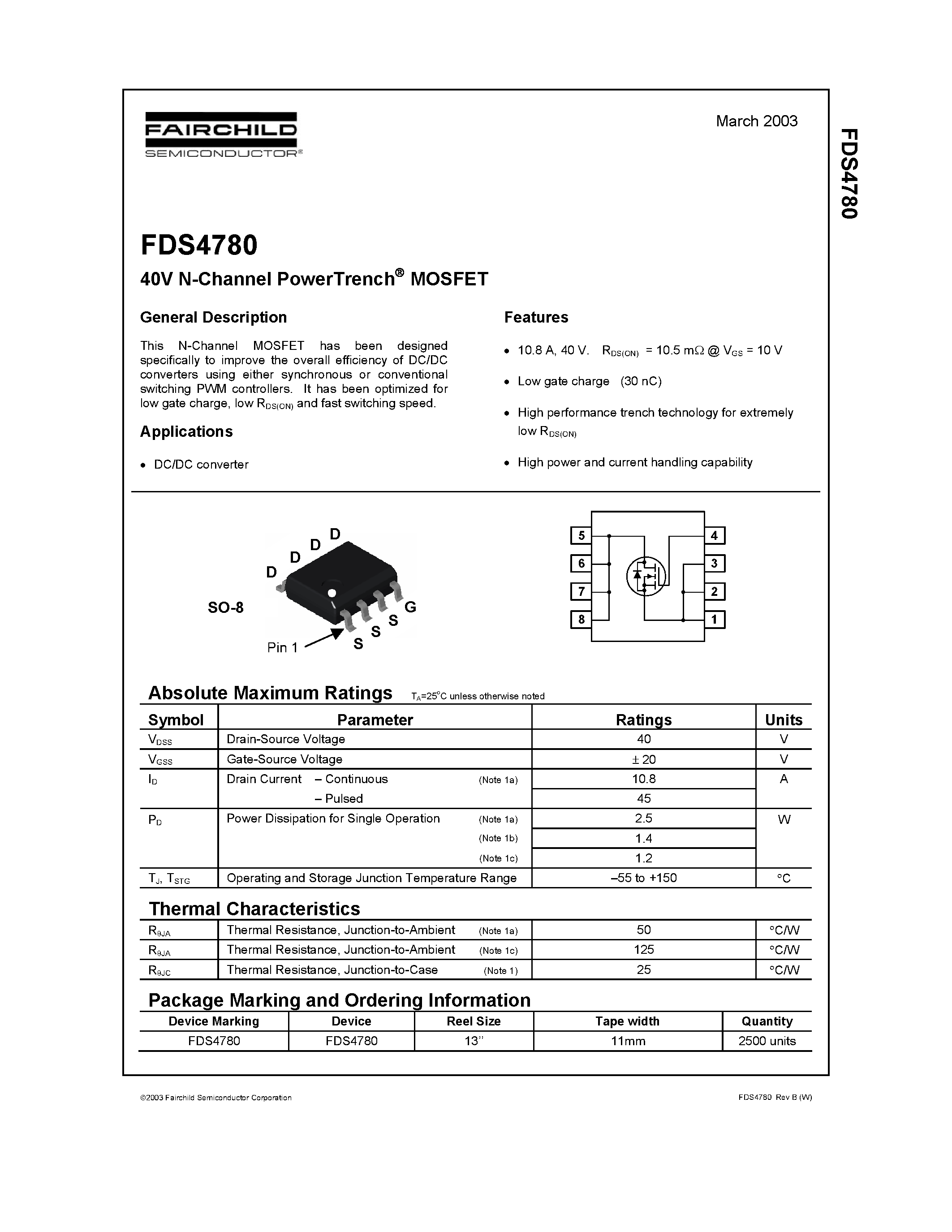 Datasheet FDS4780 - 40V N-Channel PowerTrench MOSFET page 1