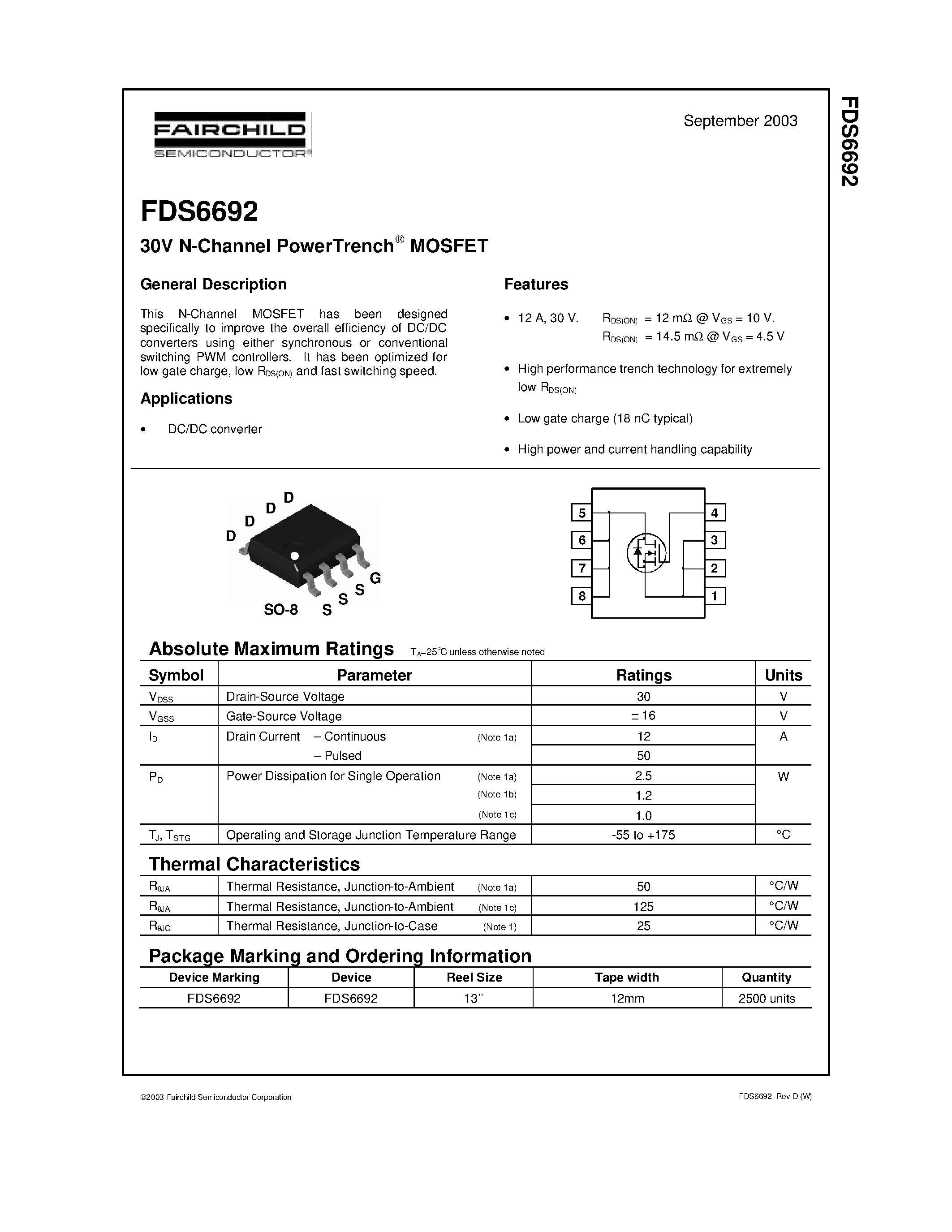 Datasheet FDS6692 - 30V N-Channel PowerTrench MOSFET page 1