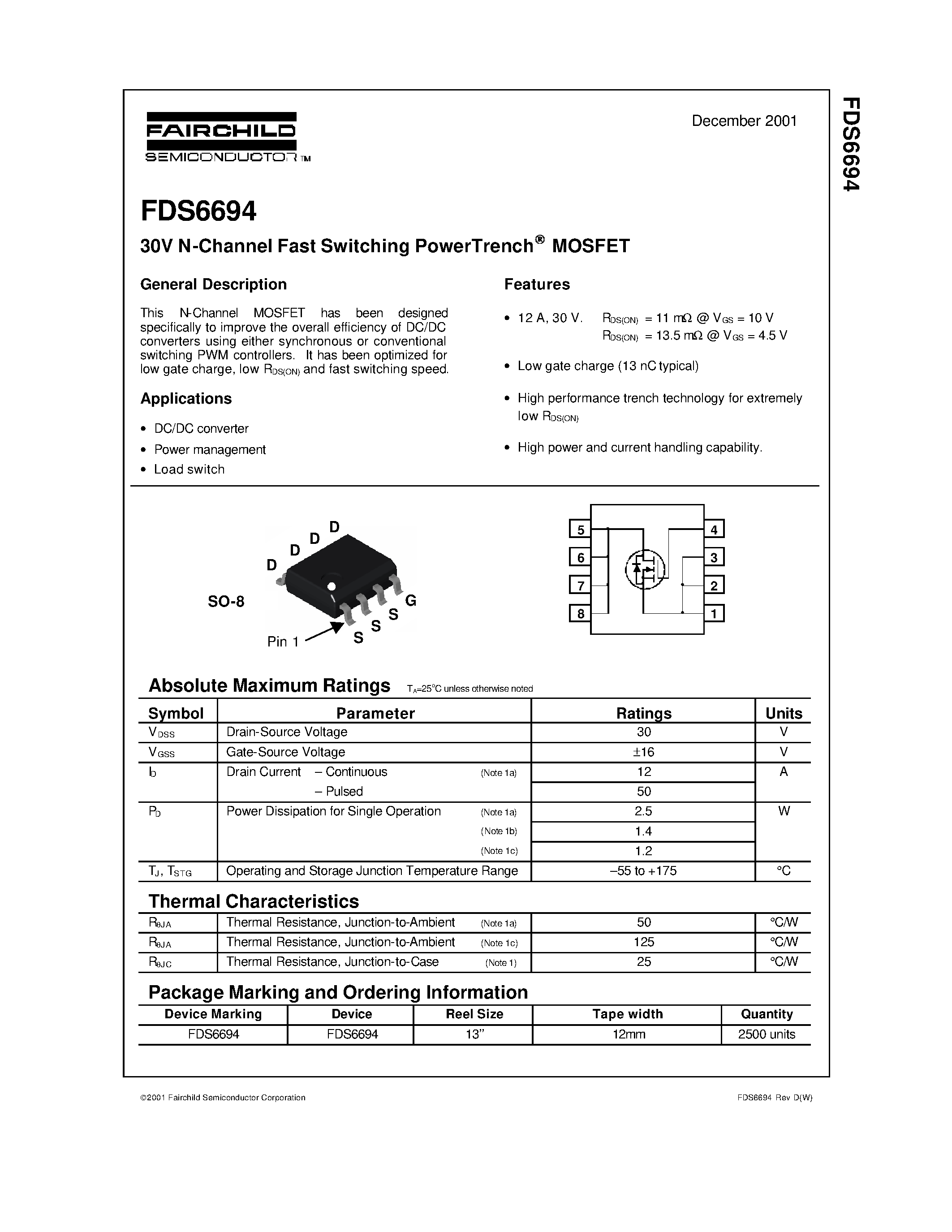 Datasheet FDS6694 - 30V N-Channel Fast Switching PowerTrench MOSFET page 1