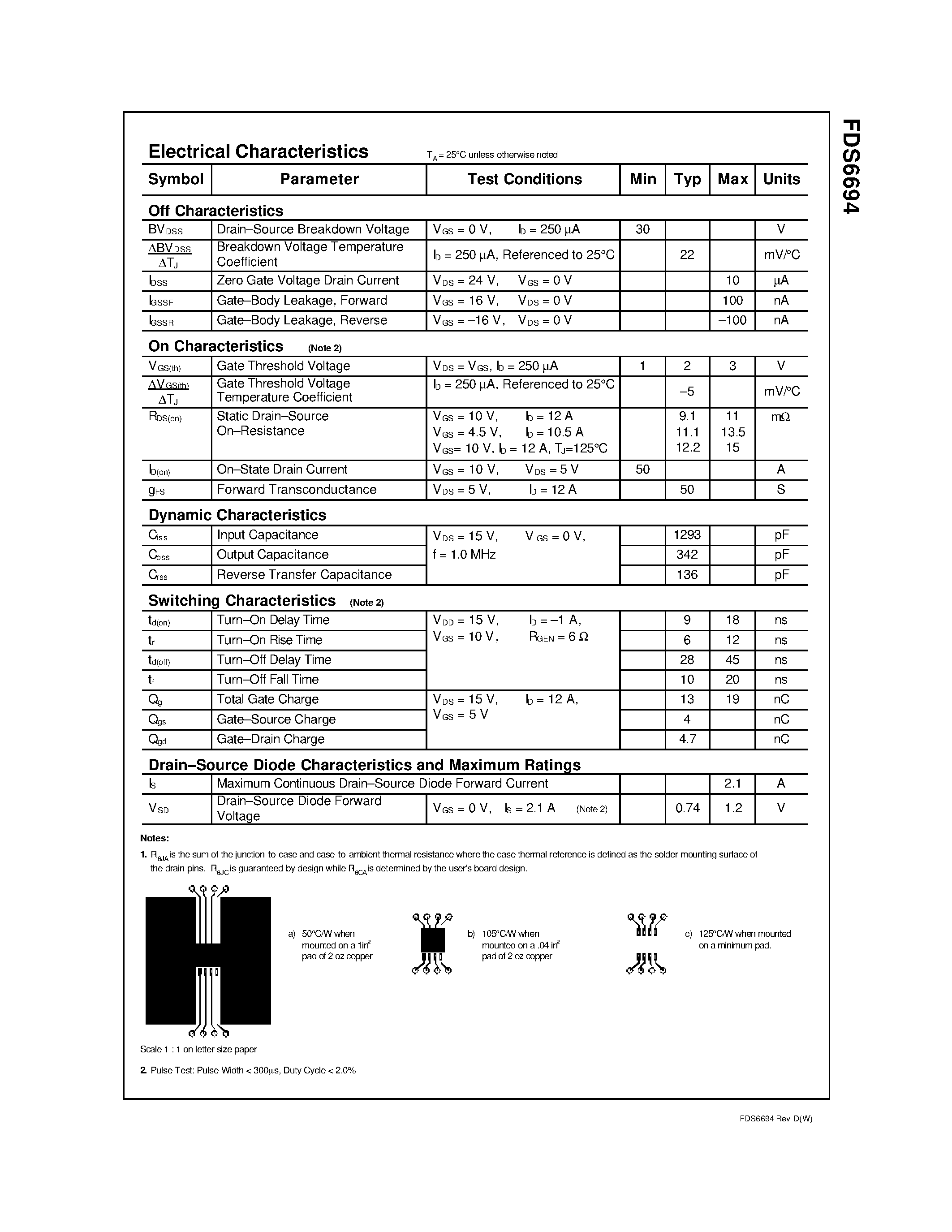 Datasheet FDS6694 - 30V N-Channel Fast Switching PowerTrench MOSFET page 2