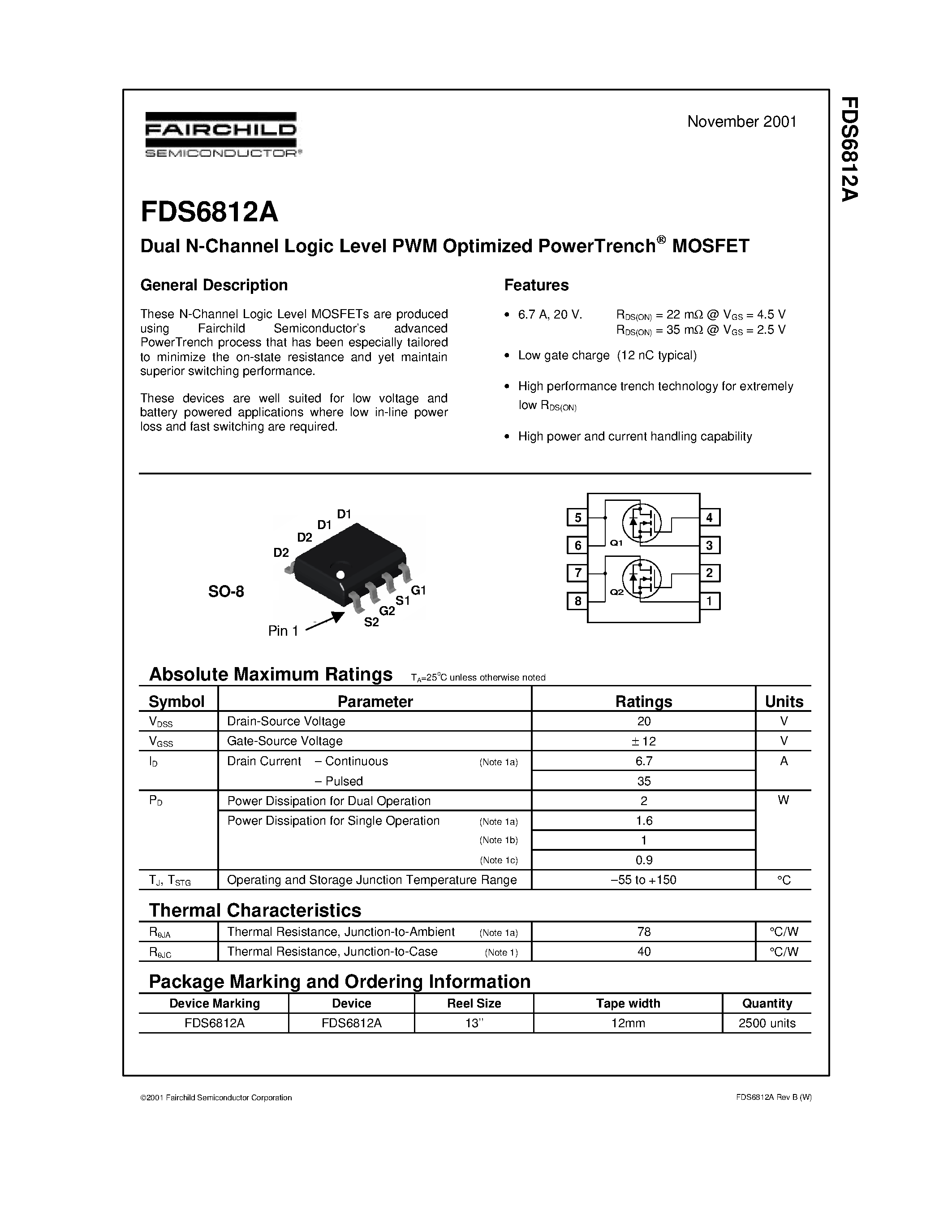 Datasheet FDS6812 - Dual N-Channel Logic Level PWM Optimized PowerTrench MOSFET page 1