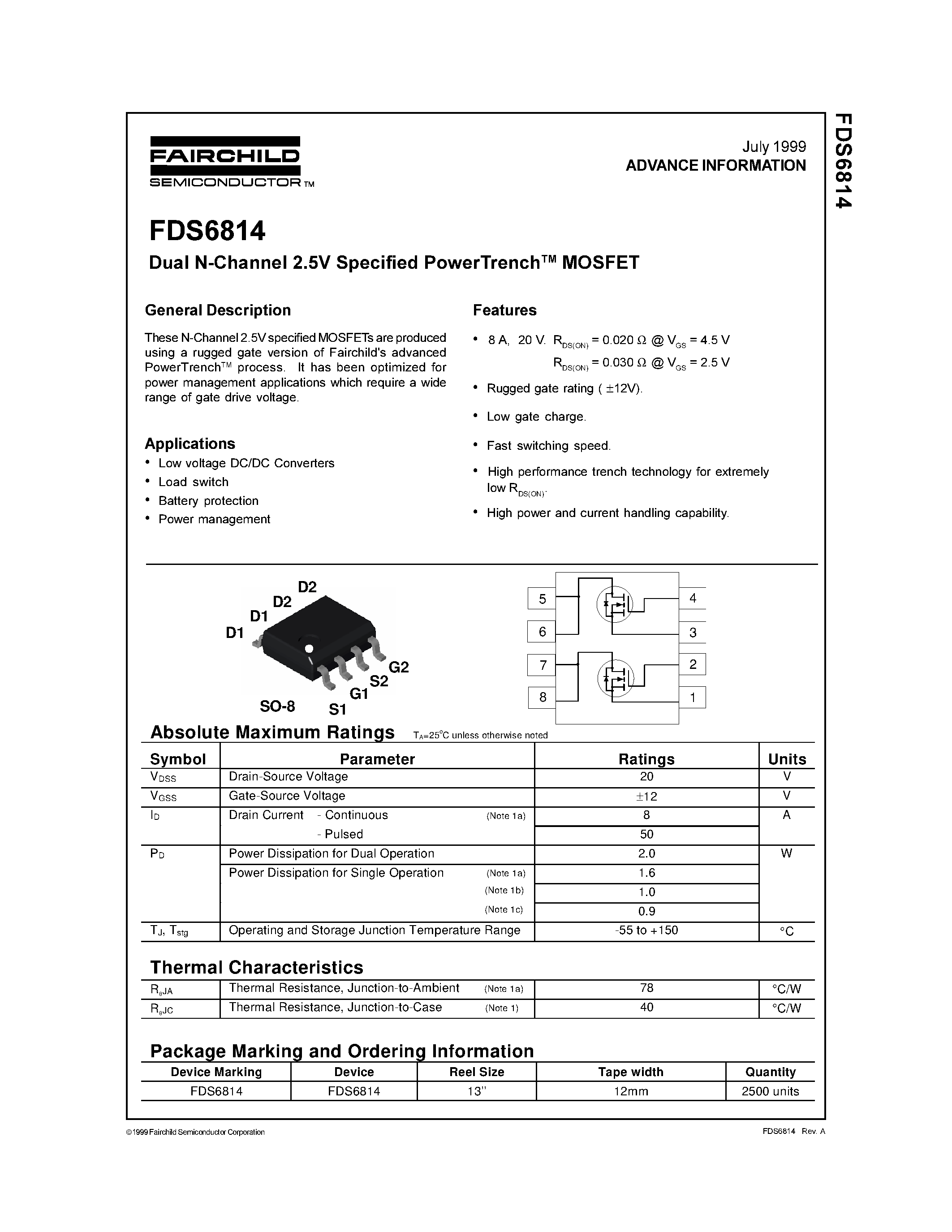 Datasheet FDS6814 - Dual N-Channel 2.5V Specified PowerTrench MOSFET page 1