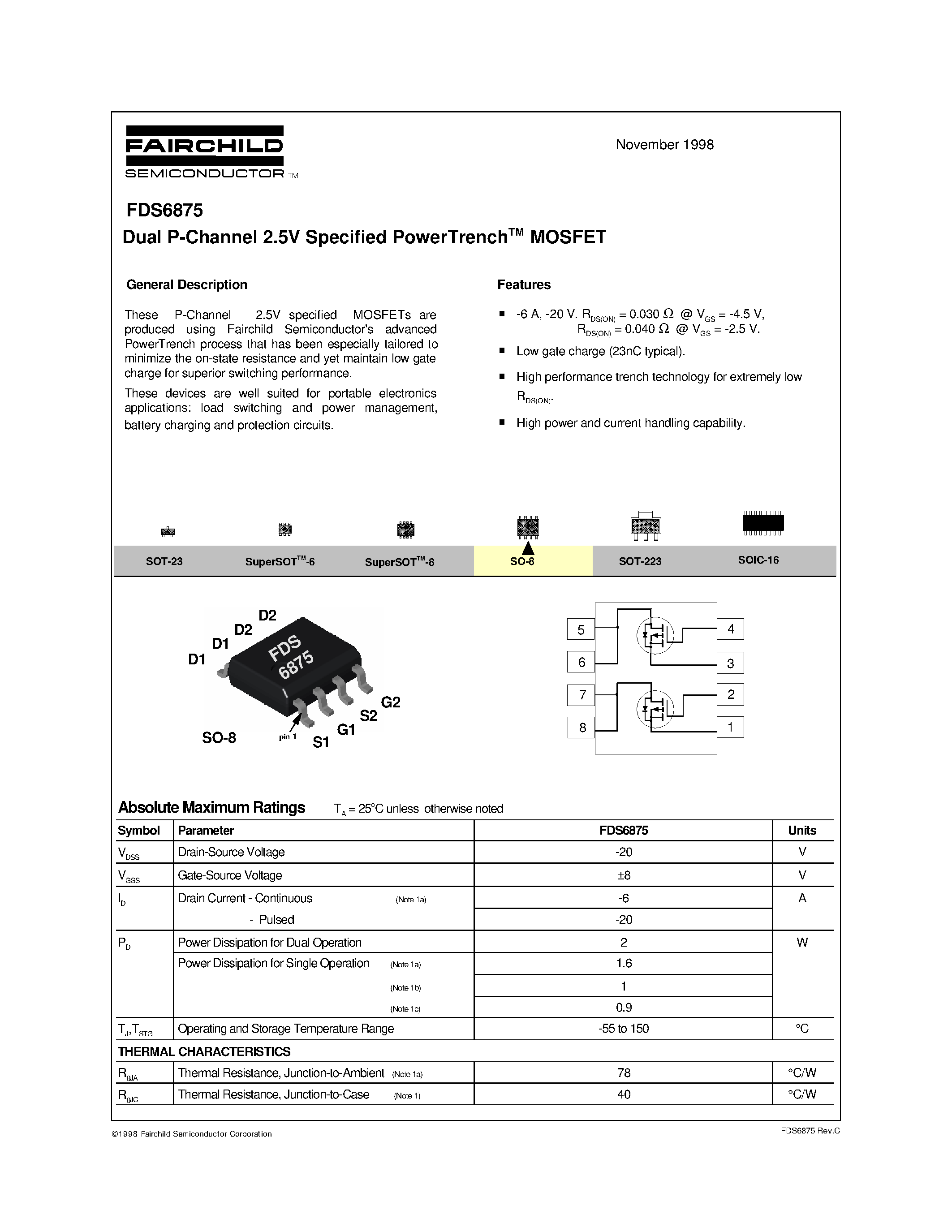 Datasheet FDS6875 - Dual P-Channel 2.5V Specified PowerTrenchTM MOSFET page 1