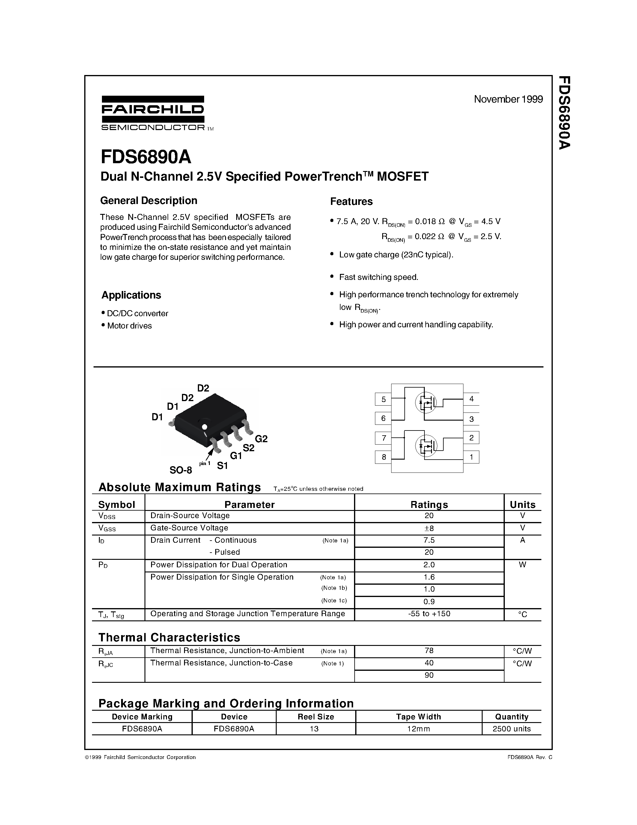 Datasheet FDS6890A - Dual N-Channel 2.5V Specified PowerTrenchTM MOSFET page 1