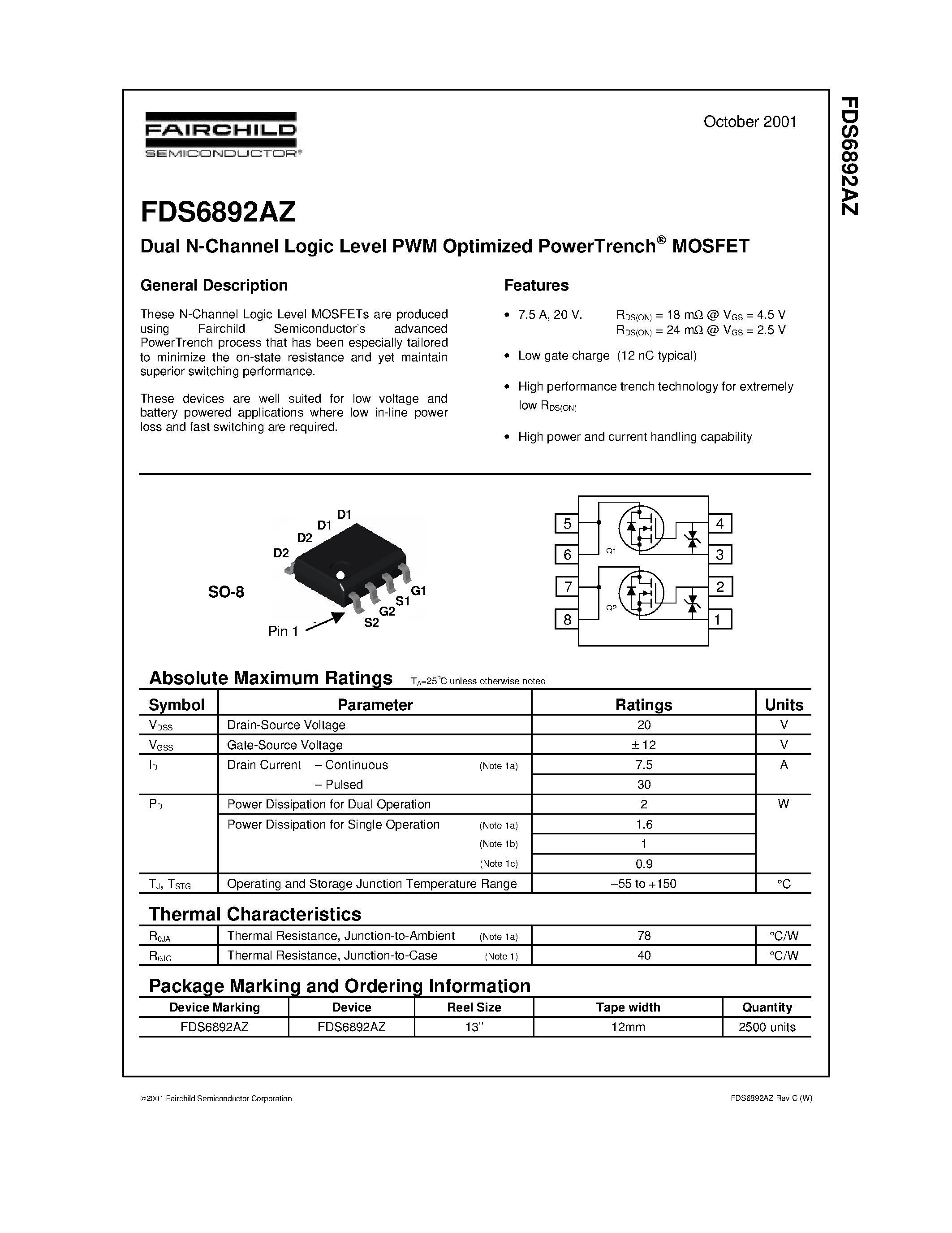 Datasheet FDS6892AZ - Dual N-Channel Logic Level PWM Optimized PowerTrench MOSFET page 1