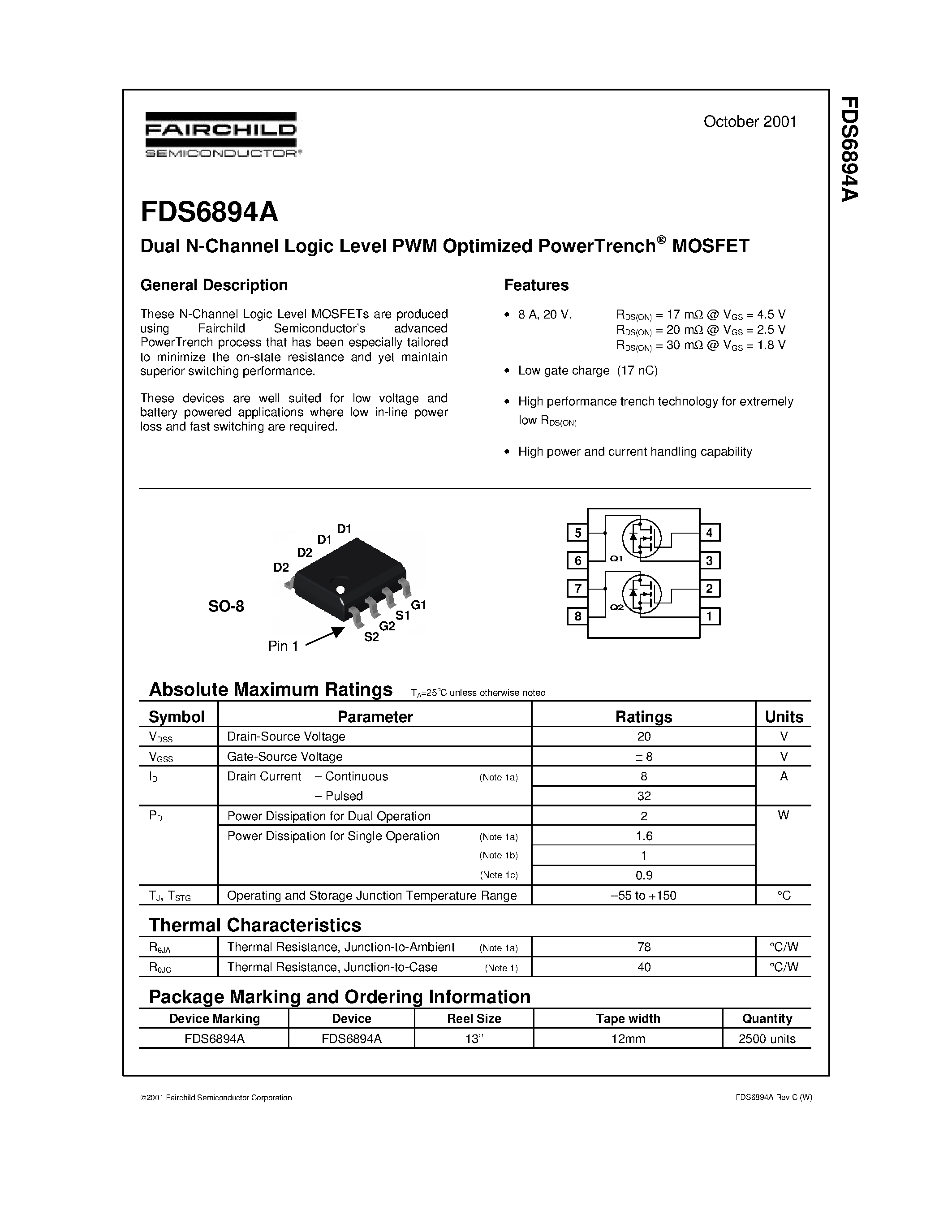 Datasheet FDS6894 - Dual N-Channel Logic Level PWM Optimized PowerTrench MOSFET page 1