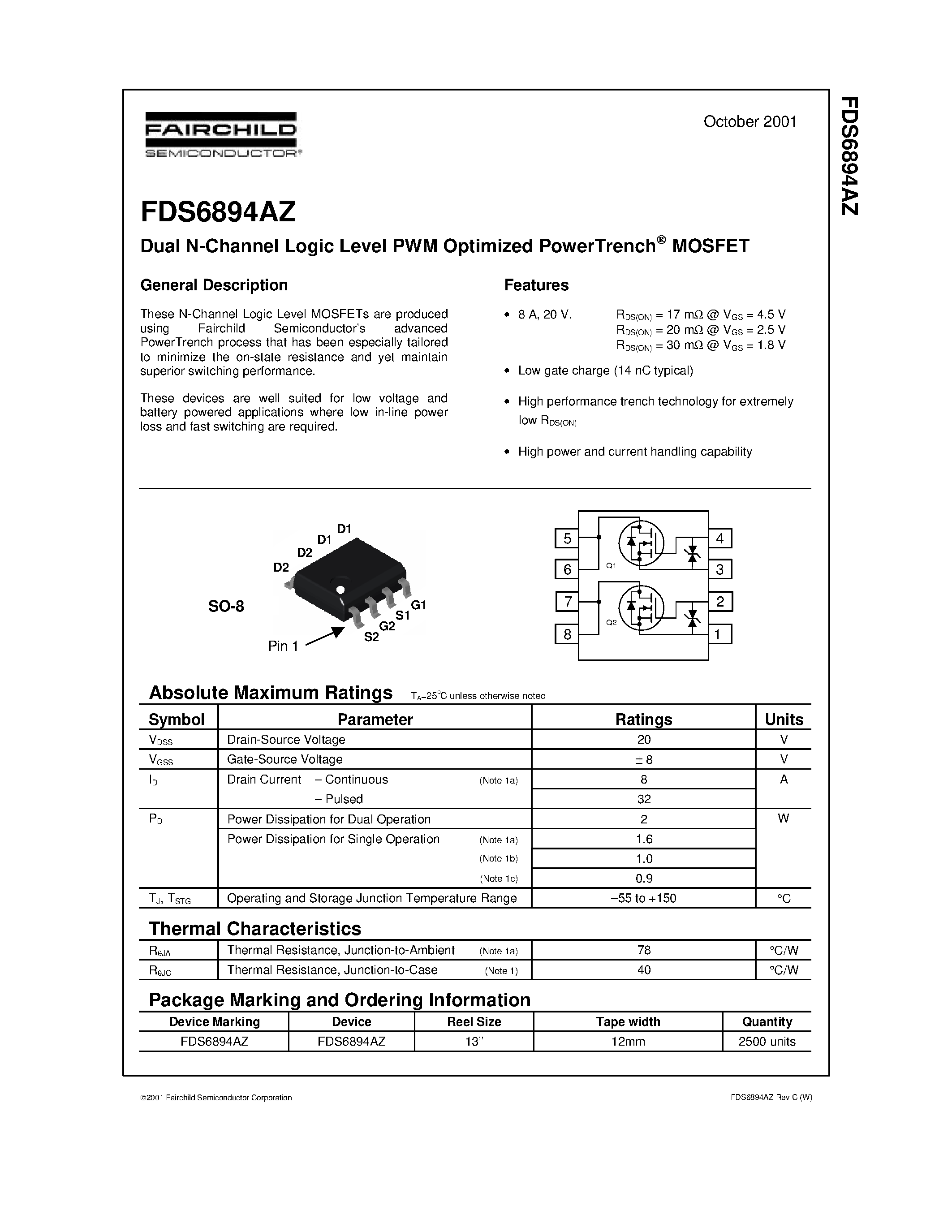 Datasheet FDS6894AZ - Dual N-Channel Logic Level PWM Optimized PowerTrench MOSFET page 1