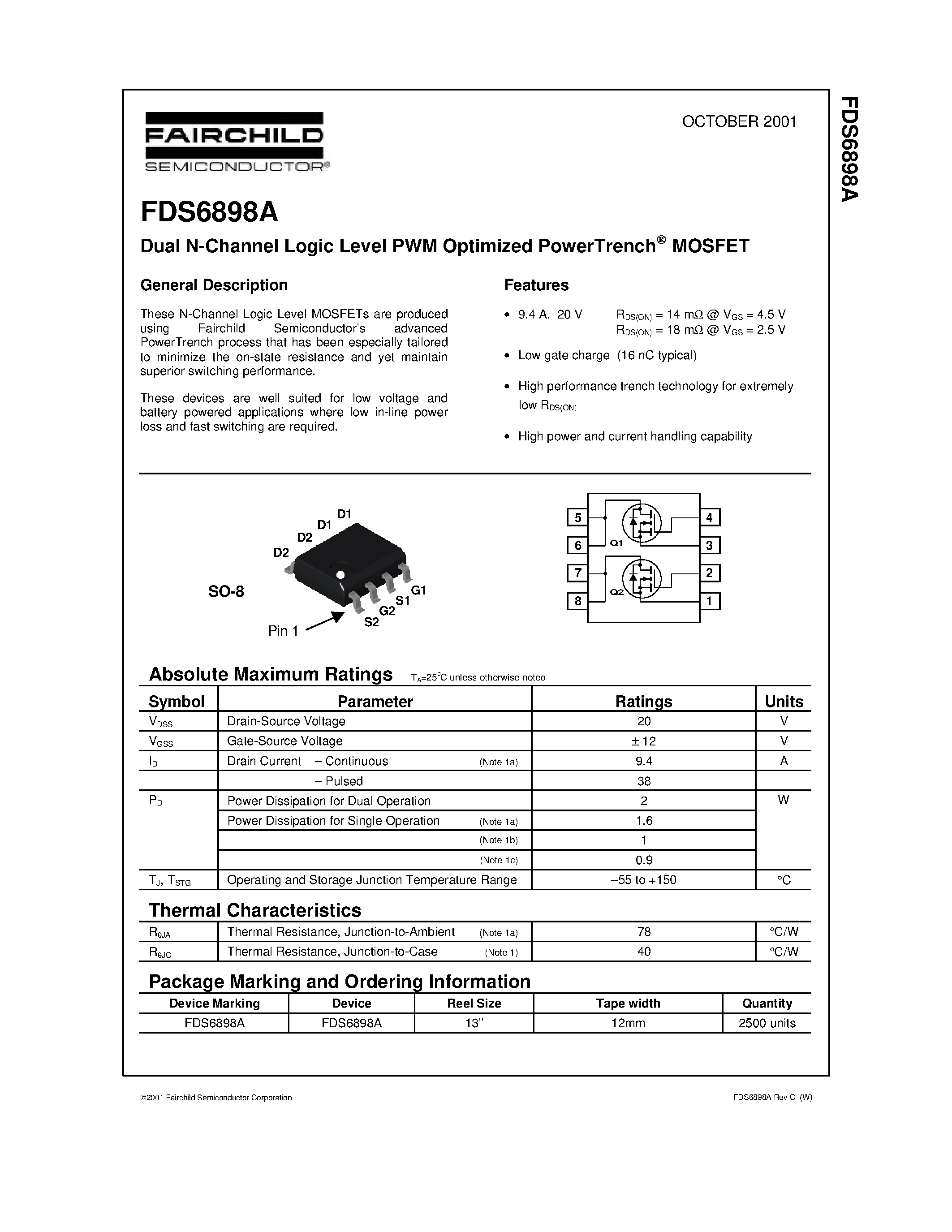 Datasheet FDS6898A - Dual N-Channel Logic Level PWM Optimized PowerTrench MOSFET page 1