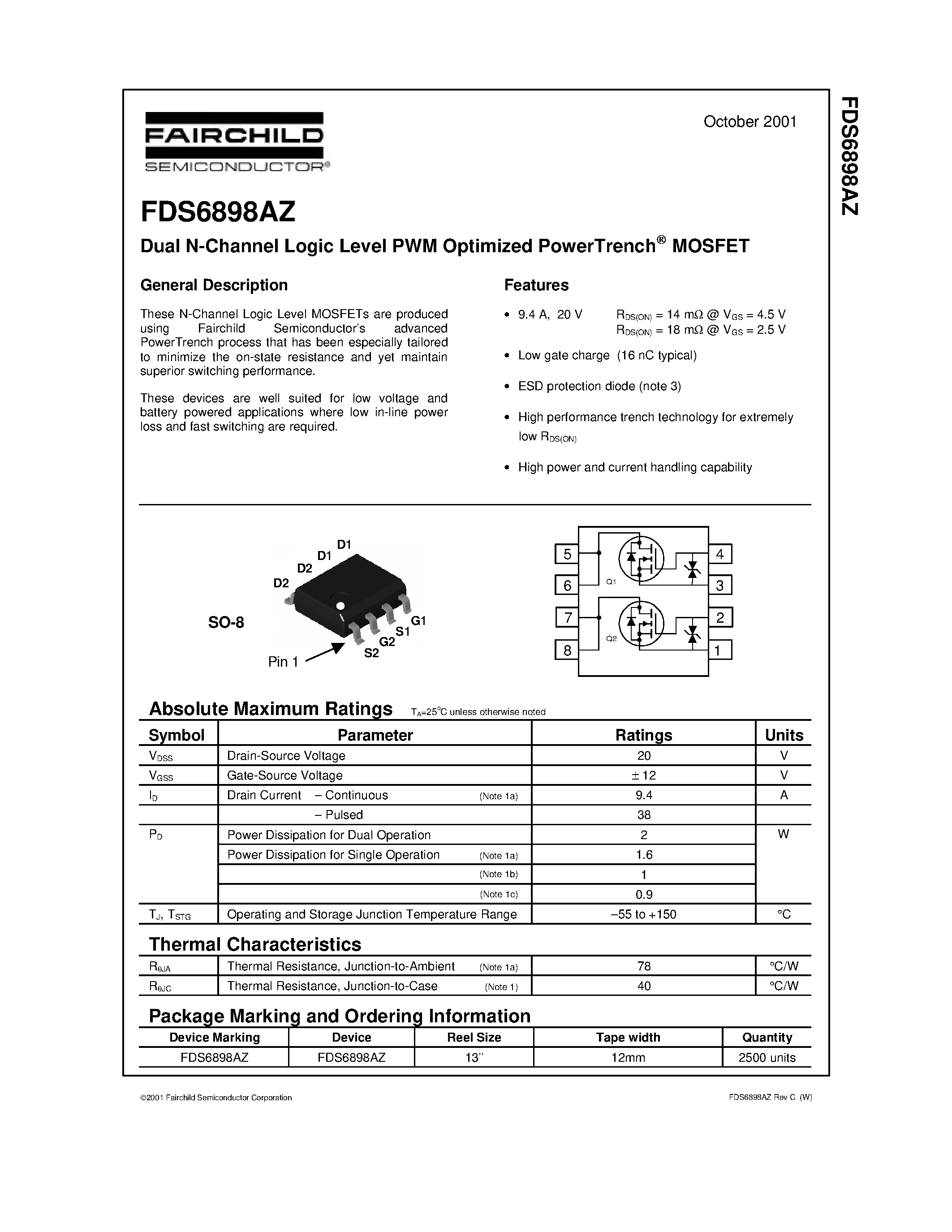 Datasheet FDS6898AZ - Dual N-Channel Logic Level PWM Optimized PowerTrench MOSFET page 1