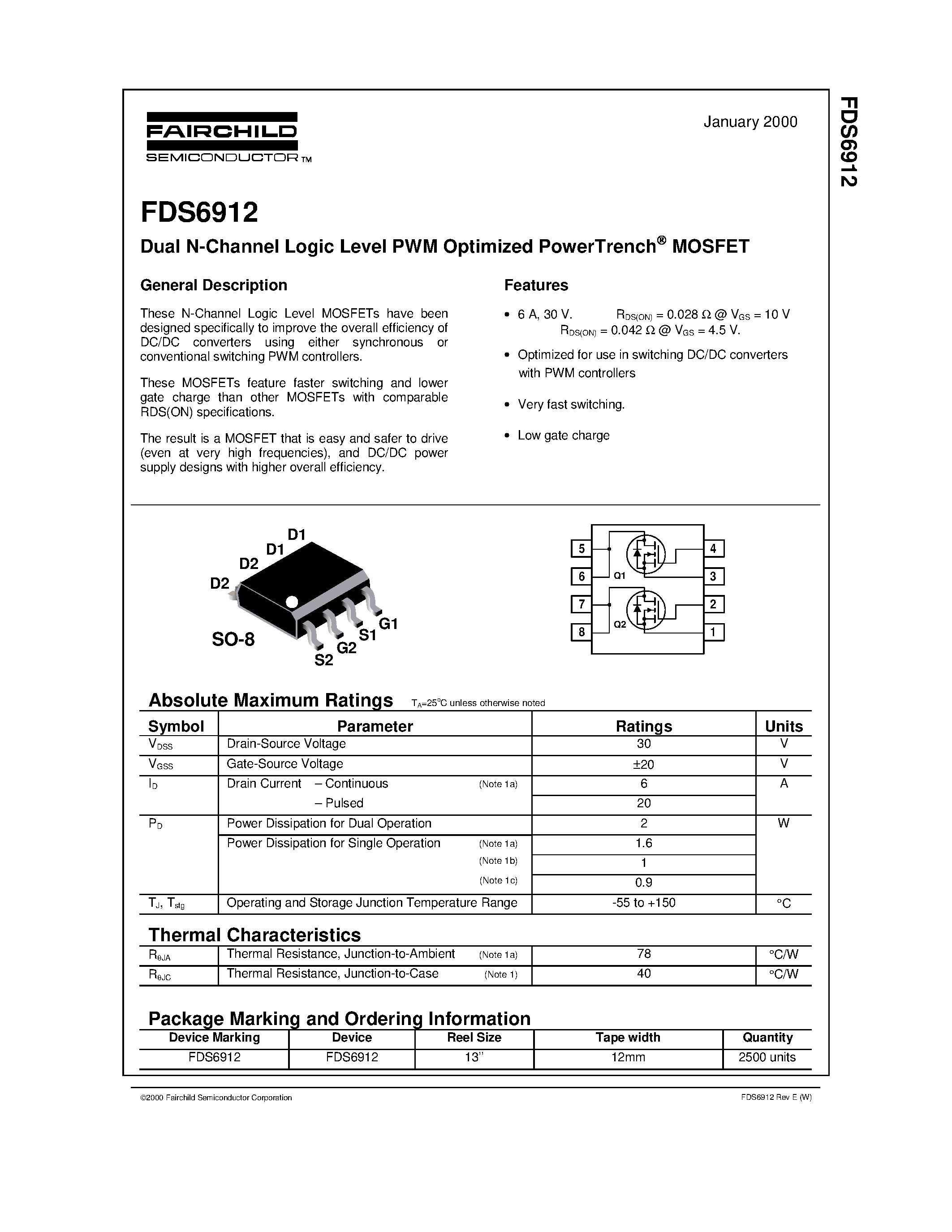 Datasheet FDS6912 - Dual N-Channel Logic Level PWM Optimized PowerTrench MOSFET page 1