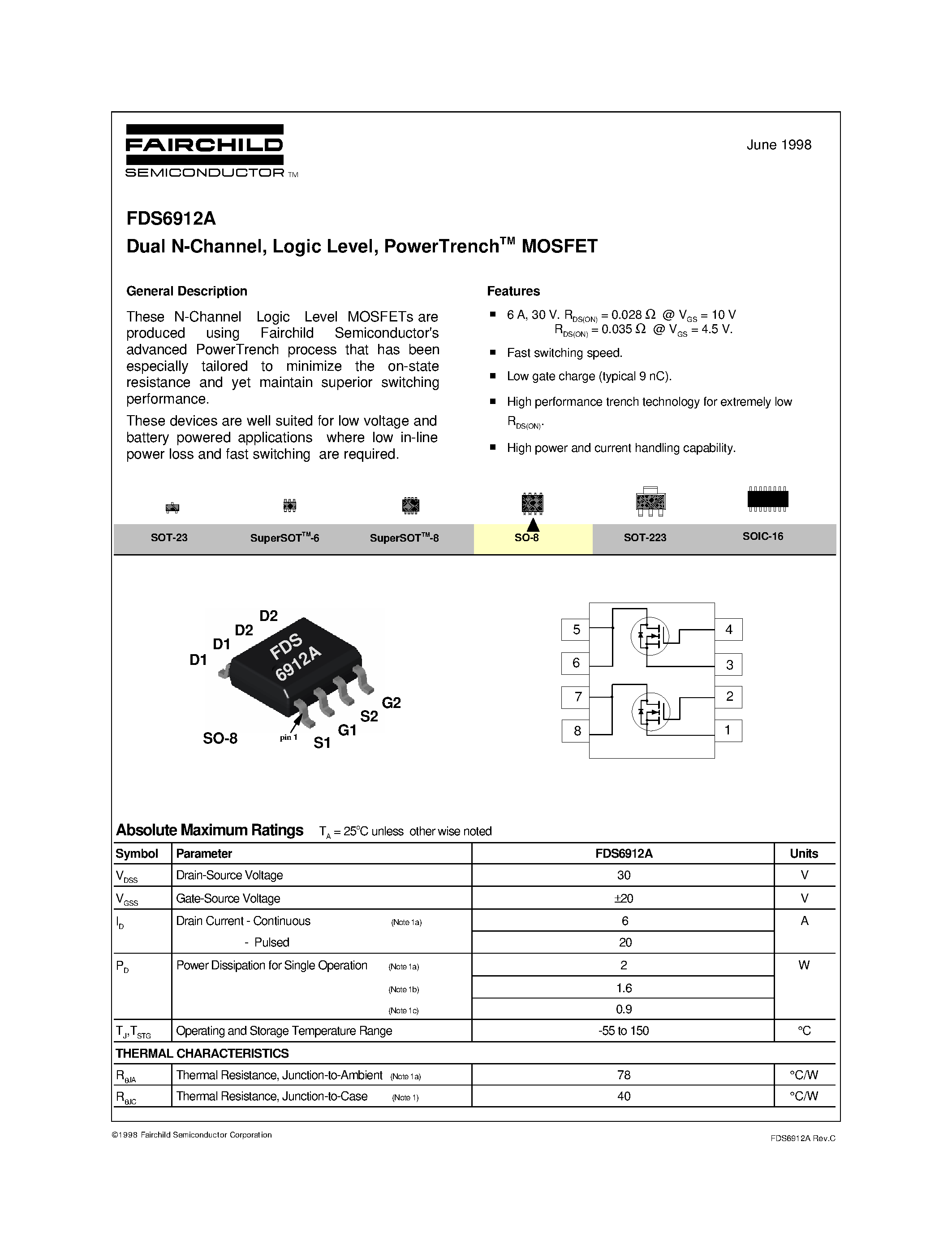 Datasheet FDS6912A - Dual N-Channel/ Logic Level/ PowerTrenchTM MOSFET page 1