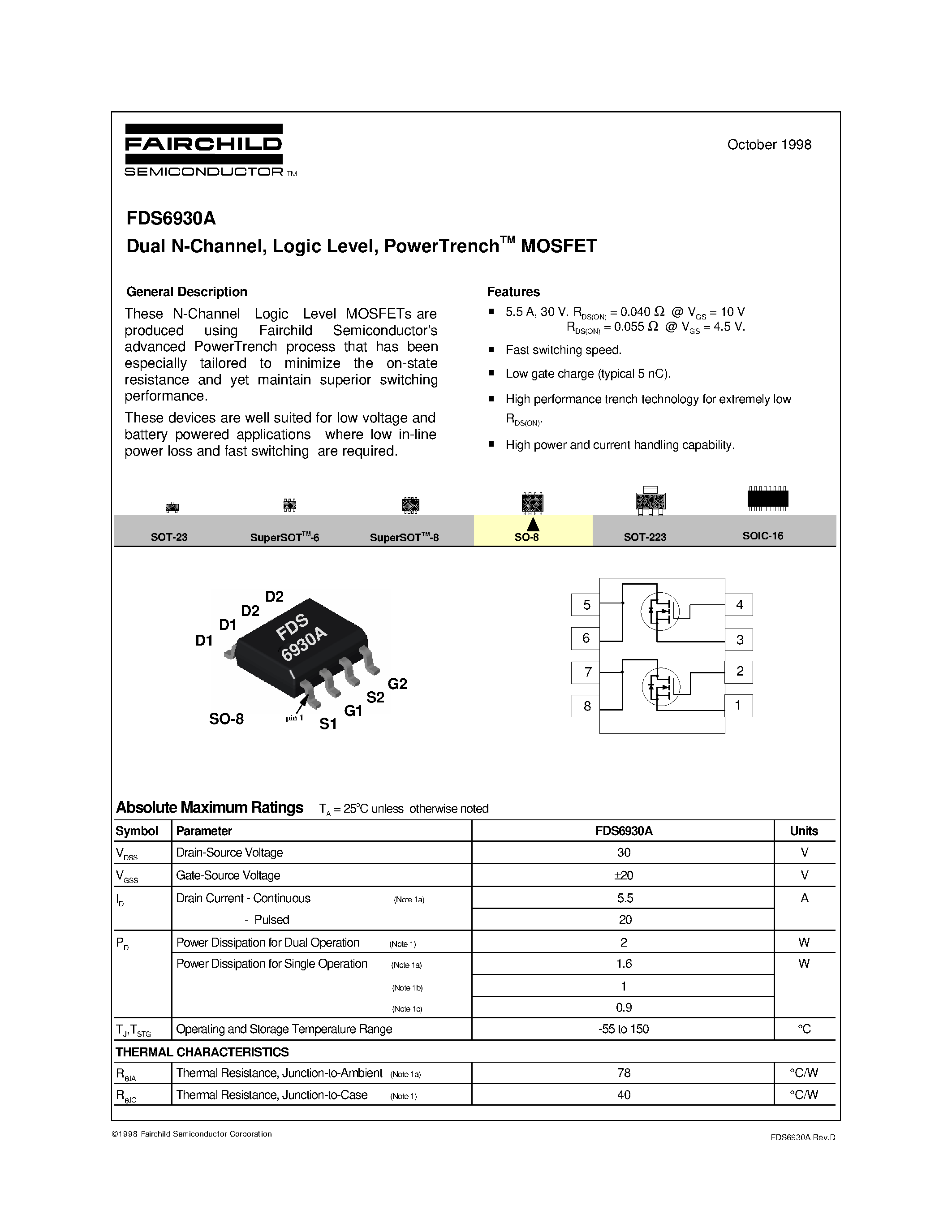 Datasheet FDS6930A - Dual N-Channel/ Logic Level/ PowerTrenchTM MOSFET page 1