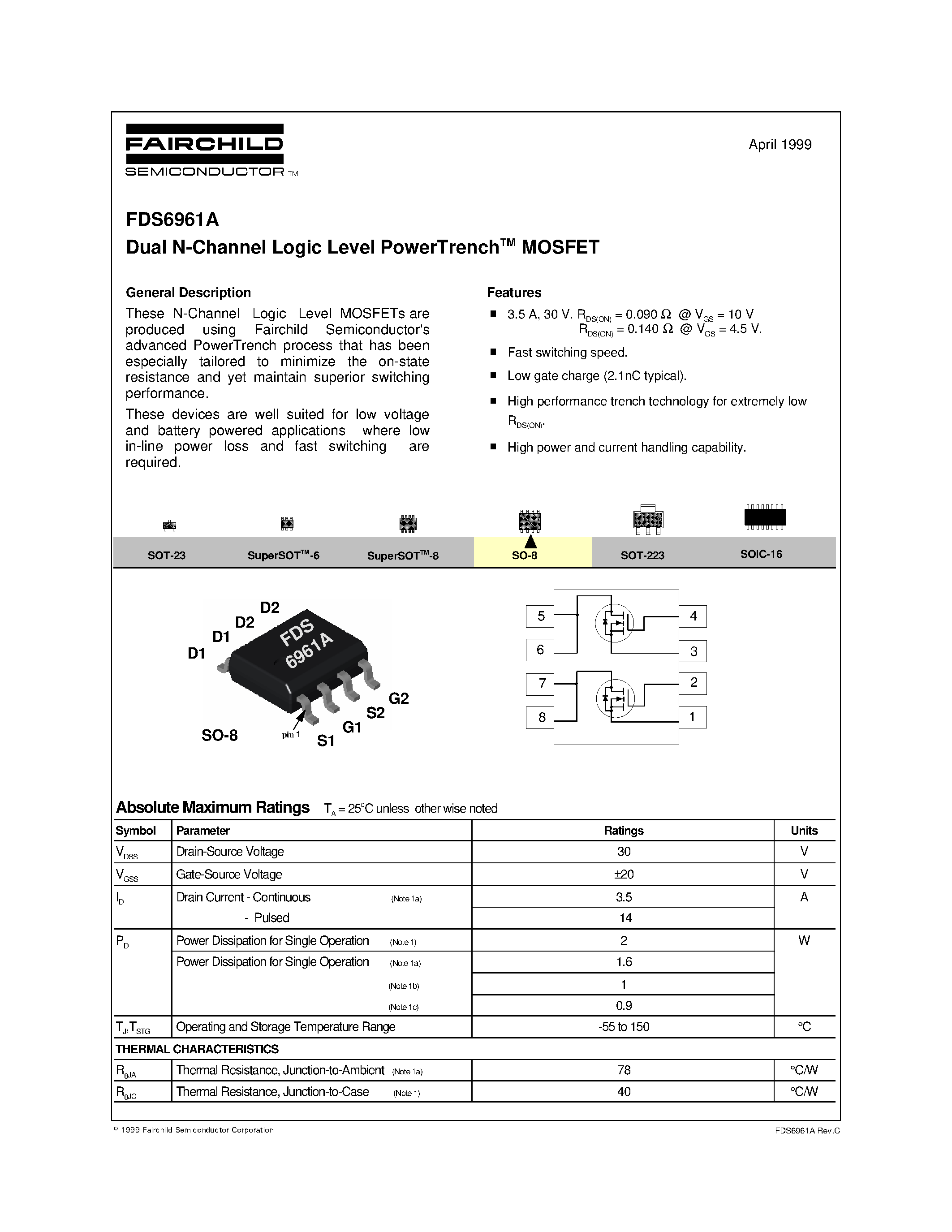 Datasheet FDS6961 - Dual N-Channel Logic Level PowerTrenchTM MOSFET page 1