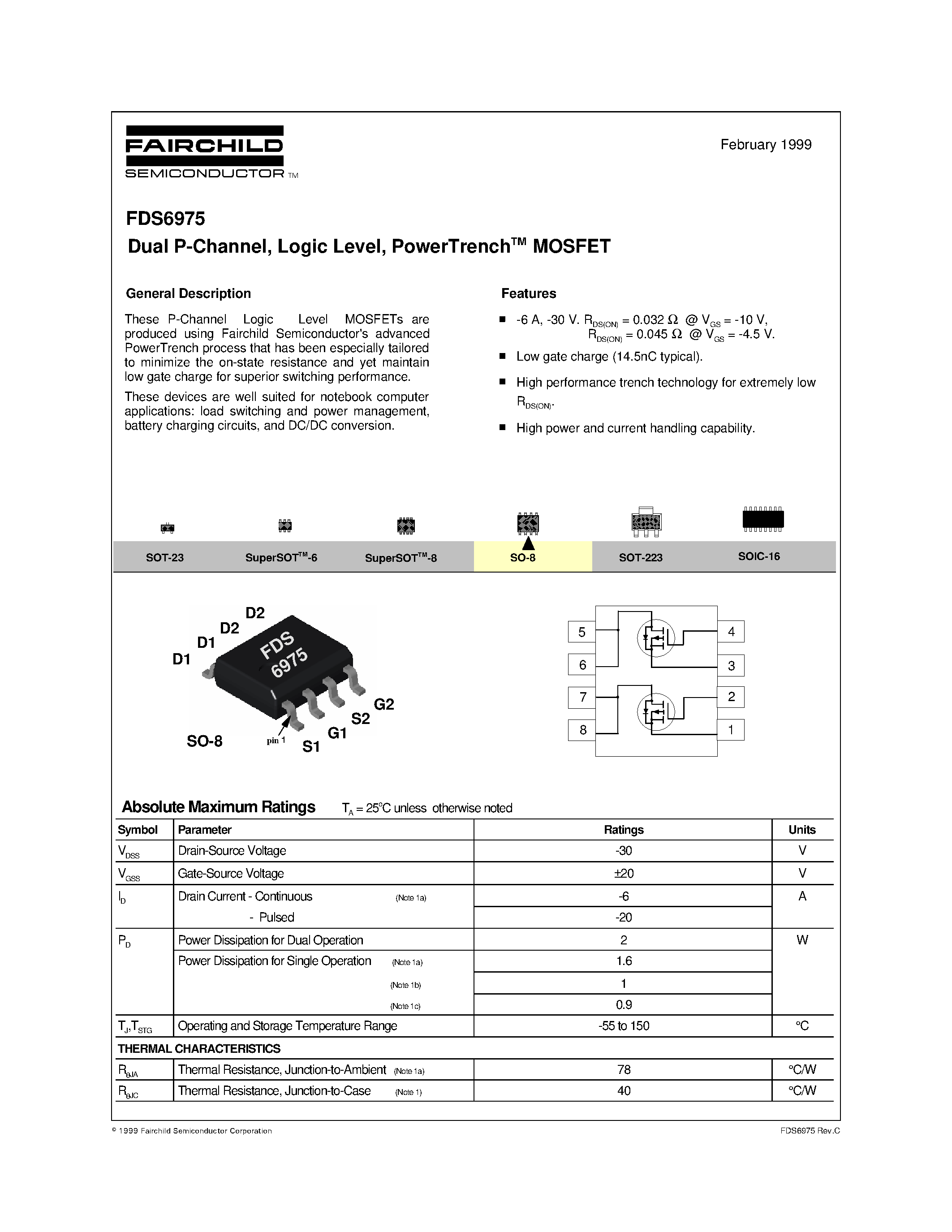 Datasheet FDS6975 - Dual P-Channel/ Logic Level/ PowerTrenchTM MOSFET page 1