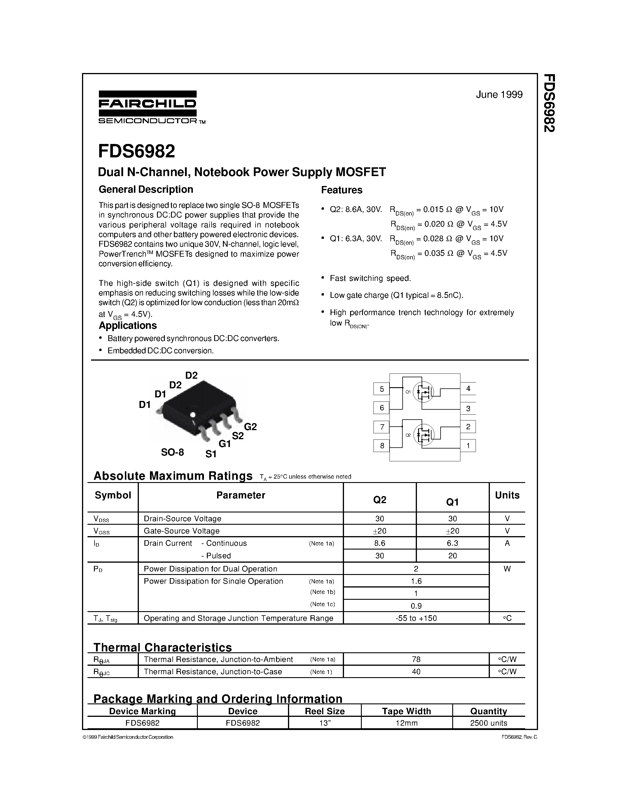 Даташит FDS6982 - Dual N-Channel/ Notebook Power Supply MOSFET страница 1