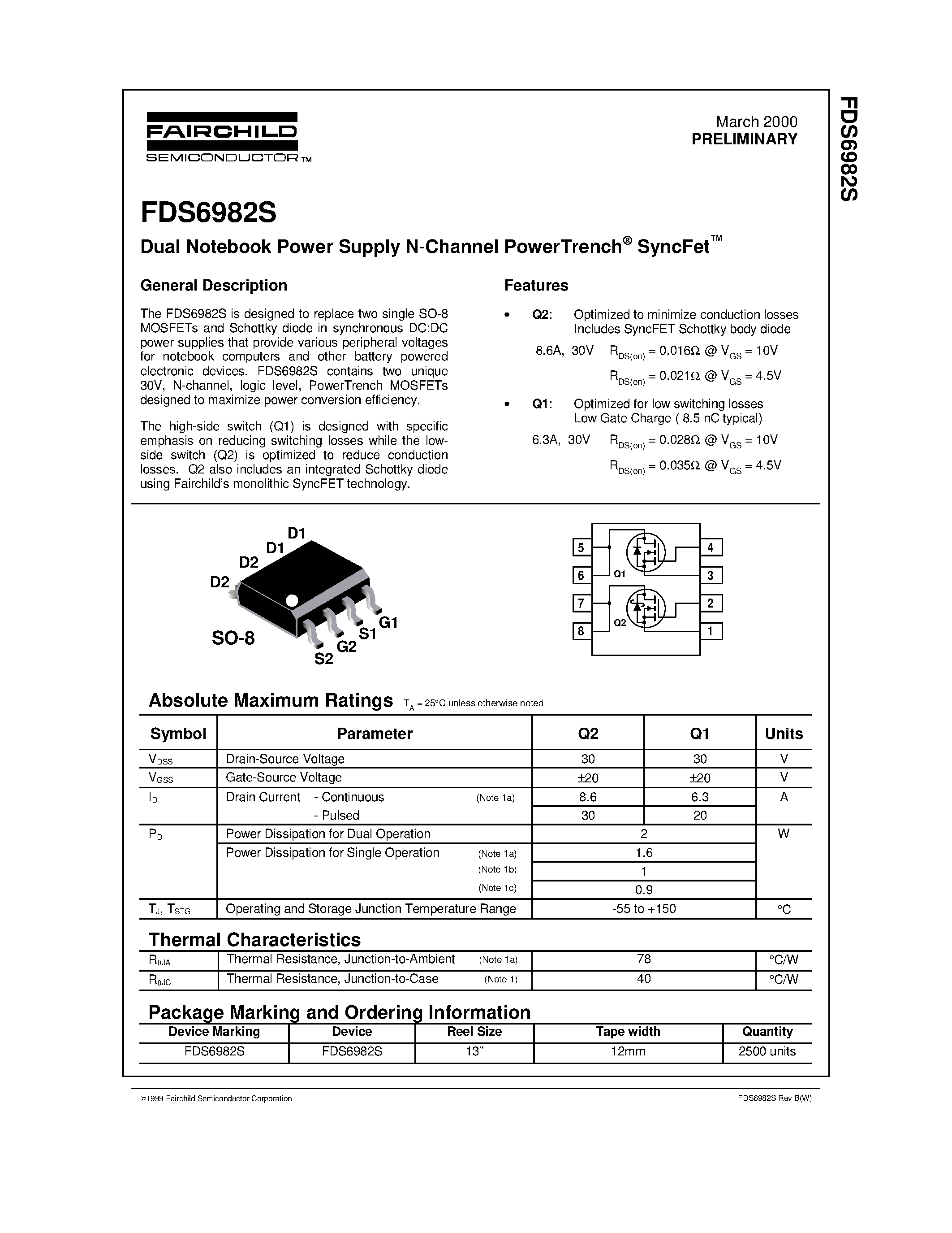 Даташит FDS6982S - Dual Notebook Power Supply N-Channel PowerTrench&#63194; SyncFet страница 1