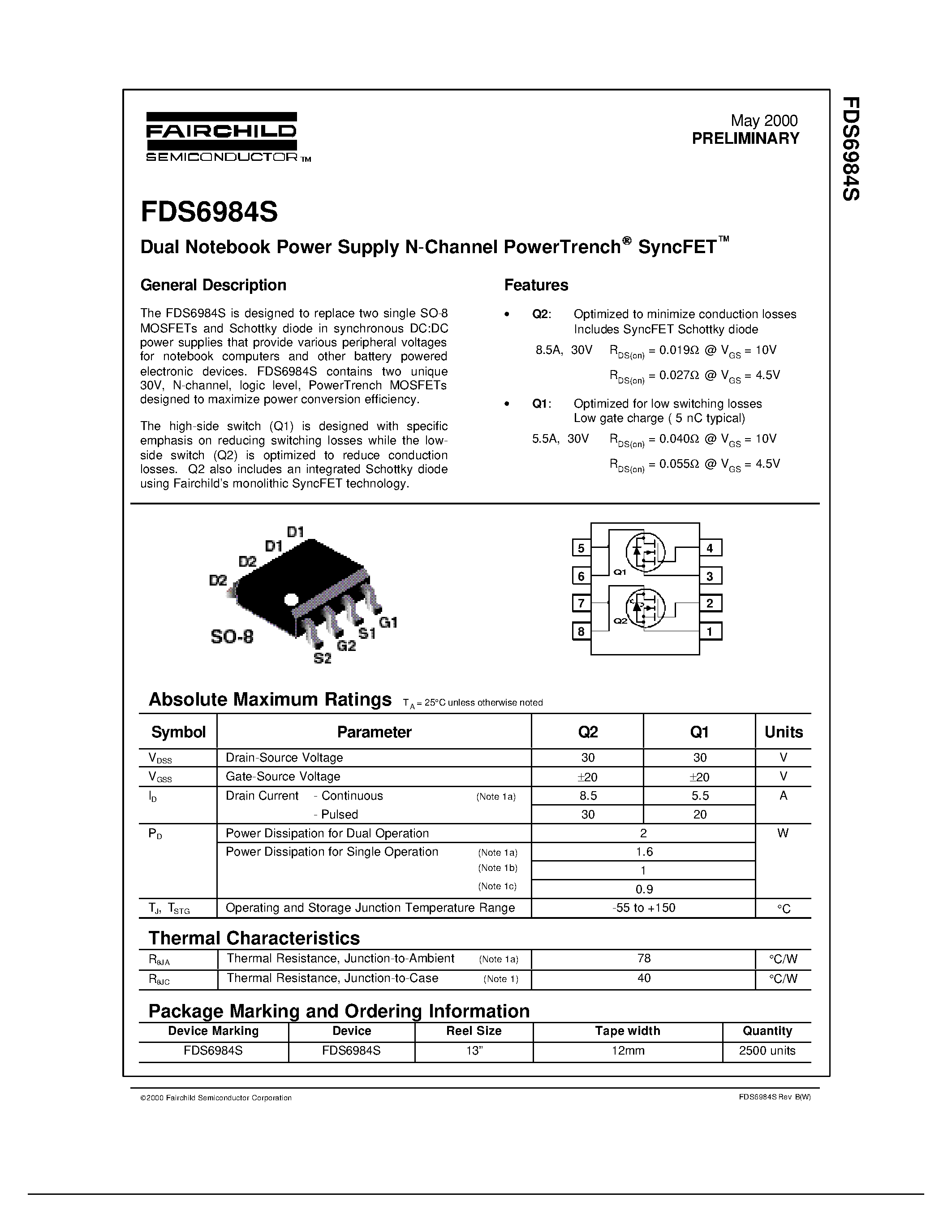 Даташит FDS6984S - Dual Notebook Power Supply N-Channel PowerTrench SyncFET страница 1