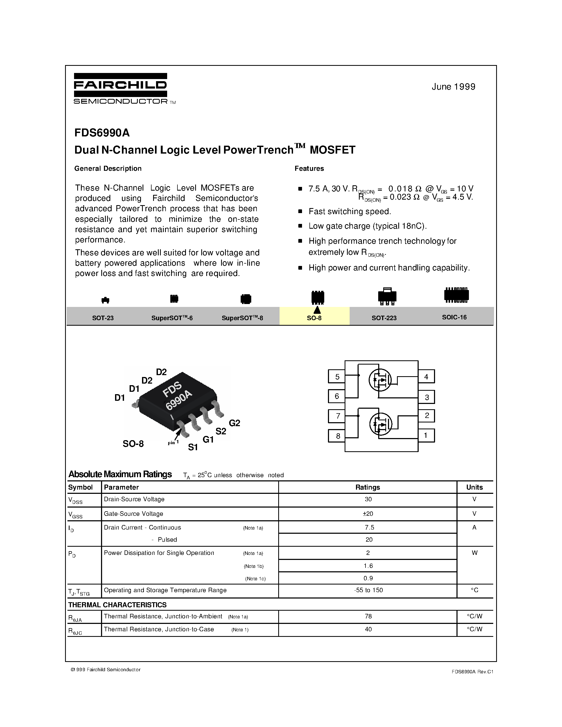 Даташит FDS6990A - Dual N-Channel Logic Level PowerTrenchTM MOSFET страница 1