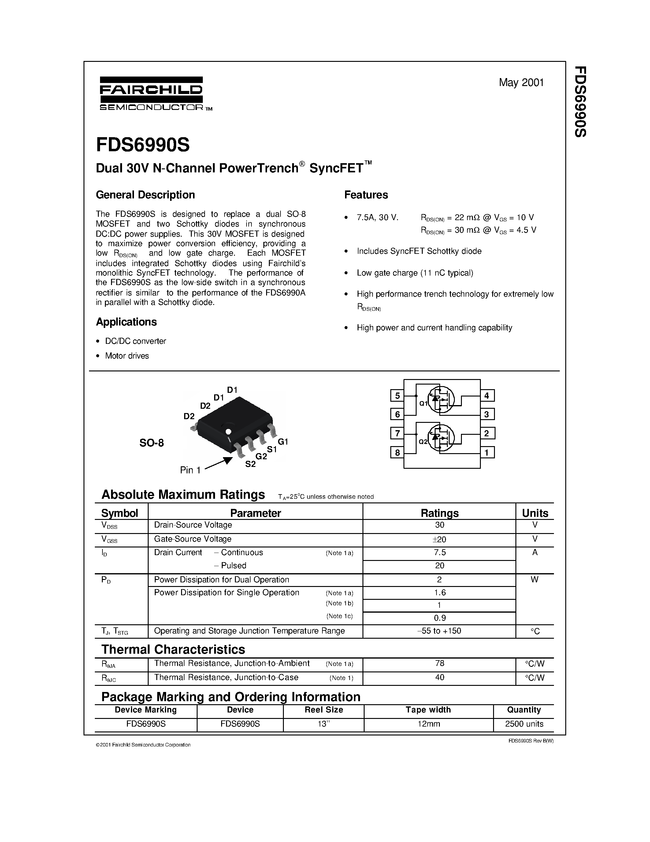 Даташит FDS6990S - Dual 30V N-Channel PowerTrench SyncFET страница 1